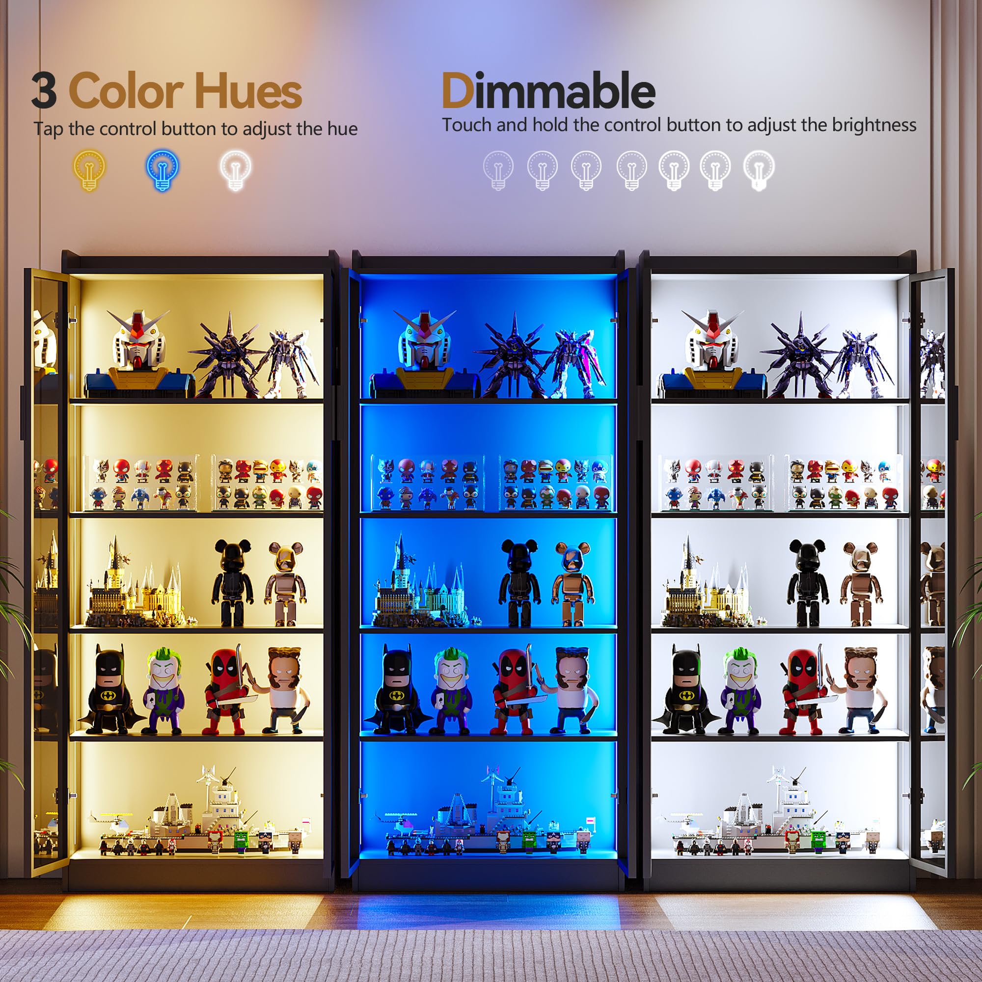 Gurexl Vitrine mit LED Beleuchtung und Intelligente Sensorik für Kuriositäten,Vitrinenschrank mit 5 Höhenverstellbaren Böden und Acryltür für Wohnzimmer,Persönliches Büro,Studie,Schätze,Schwarz
