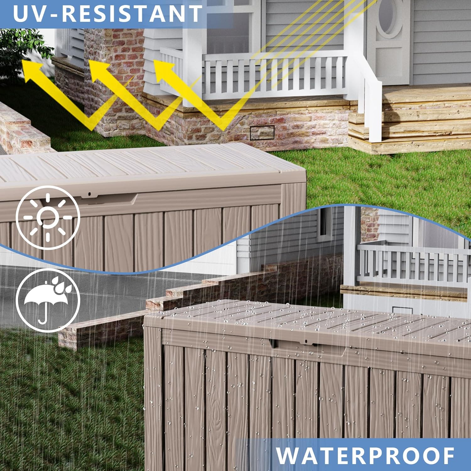 80 Gallon Waterproof Resin Deck Box, UV Resistant Outdoor Storage for Garden, Patio, Porch, Delivery, Beige