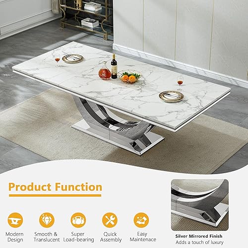 Miniatura 3 de Juego de mesa de comedor de mármol de 9 piezas para mesa de comedor grande de mármol blanco de 8 y 94 pulgadas con base de acero inoxidable en forma