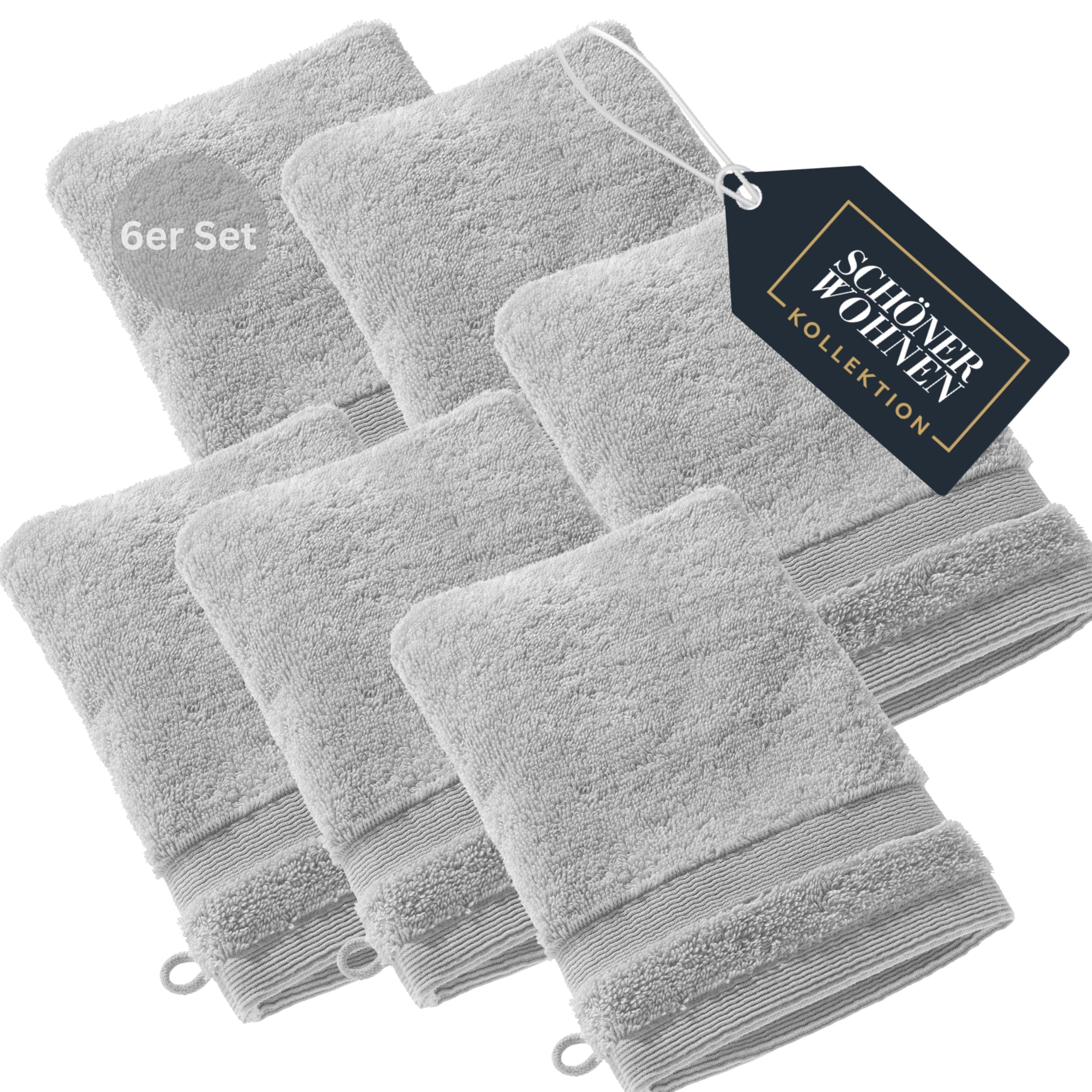 Schöner Wohnen, set di 6 guanti da bagno in spugna di alta qualità, 16 x 21 cm, assorbenti 500 g/m², di lusso grigio, 100% cotone, soffici per il corpo dei bambini, set di asciugamani combinabili