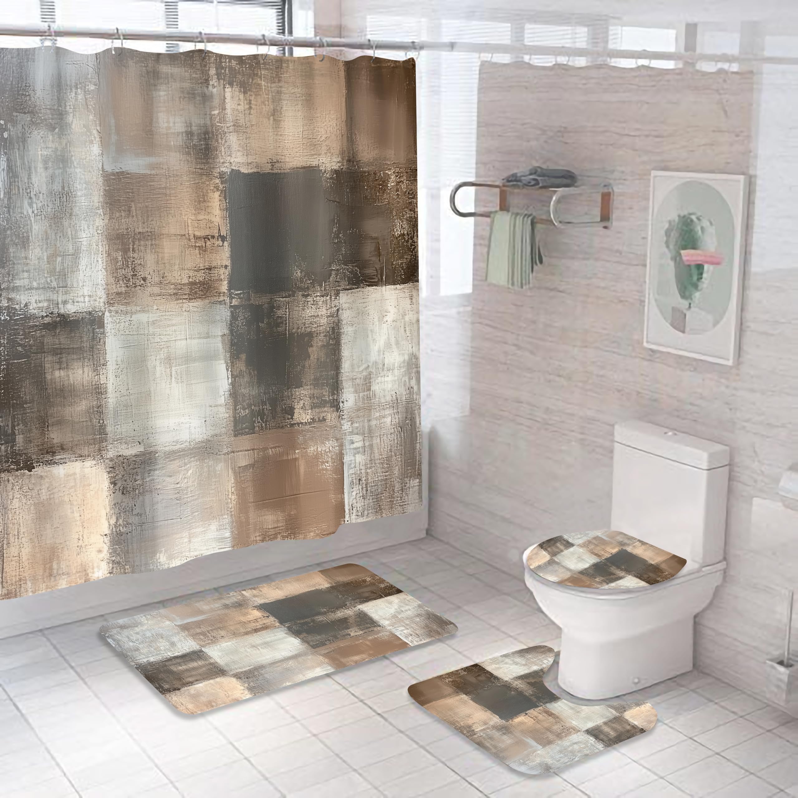 4PCS Brown Grey Abstract Shower Curtain Set, with Non-Slip Rugs, Toilet Lid Cover and Bath Mat Rustic Farmhouse Acrylic Aesthetic Unique Vintage for