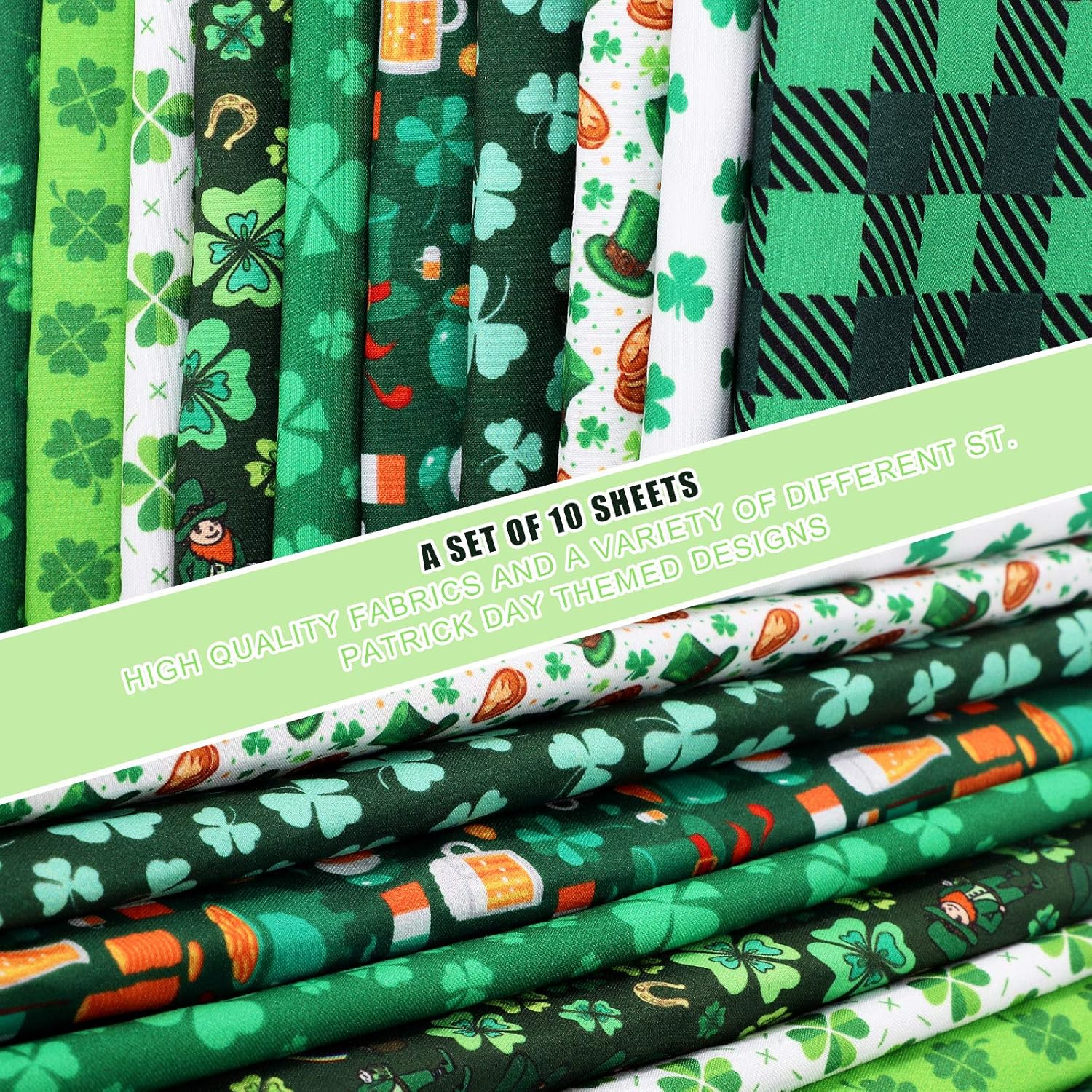 10 Pieces St. Patrick's Day Fabric Bundles Squares Shamrock Print Fat Quarters 19.7 x 19.7 Inch Shamrocks Irish Patchwork Holiday Theme Fabric for St. Patrick's Day Decor