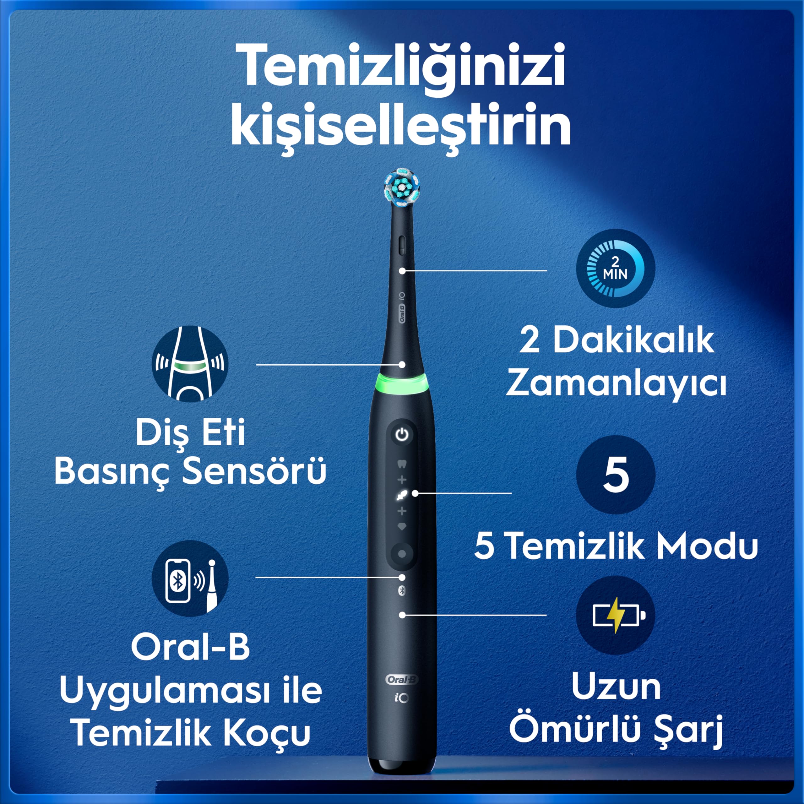 Oral-B iO5 Şarjlı/Elektrikli Diş Fırçası, 2'li Set, Mat Siyah & Beyaz, 2 Fırça Başlığı, Uzun Ömürlü Pil, Premium Seyahat Kabı