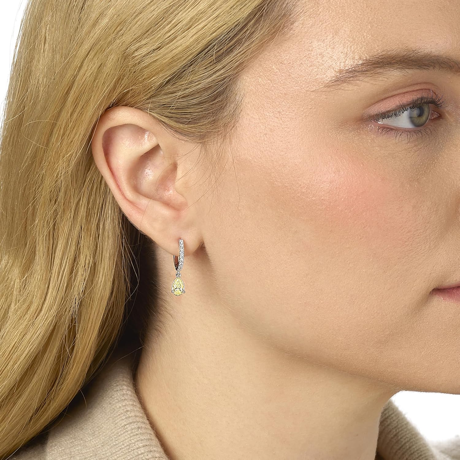 IGI Certified 1 1/4 Carat Lab Grown Diamond Hoop Earrings for Women I 14k White Gold Huggie Earrings for Her (G-H, VS1-VS2, 1.28 cttw) Yellow Diamond Dangling Charm I Hinged Hoops - Image 3