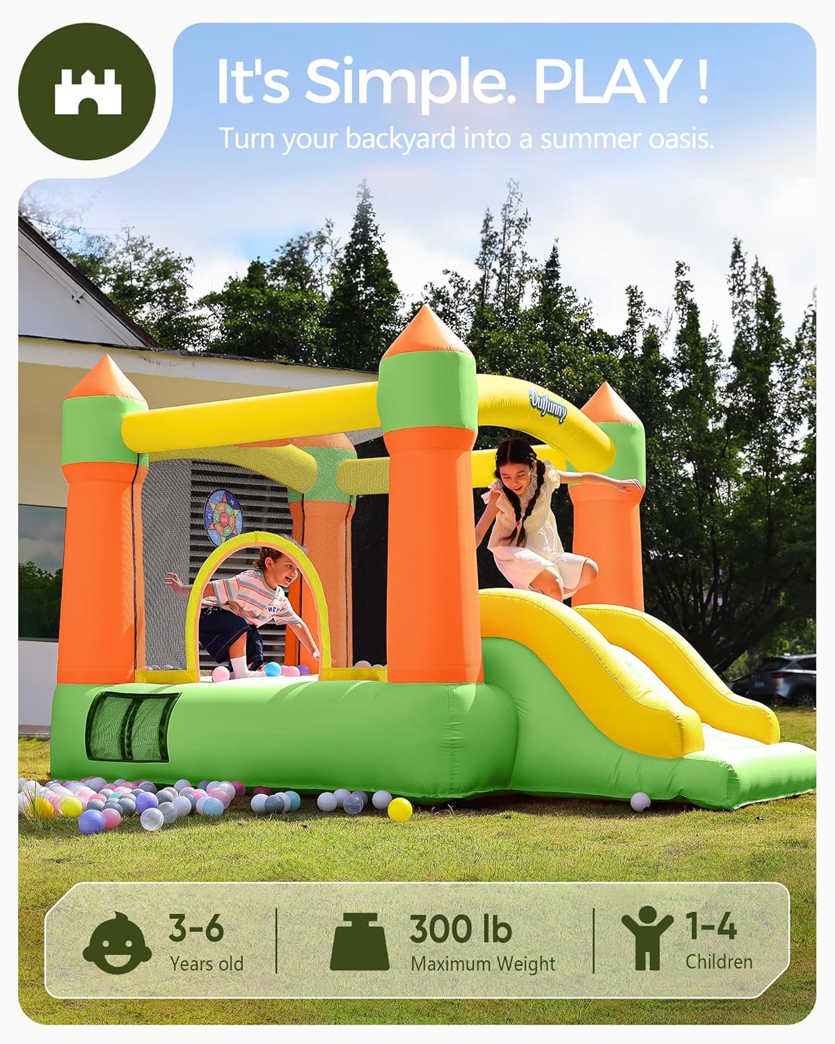 indoor bounce house with slide, inflatable bouncy house for kids 3-6, bounce area 6'x6', capacity 300 lb - green