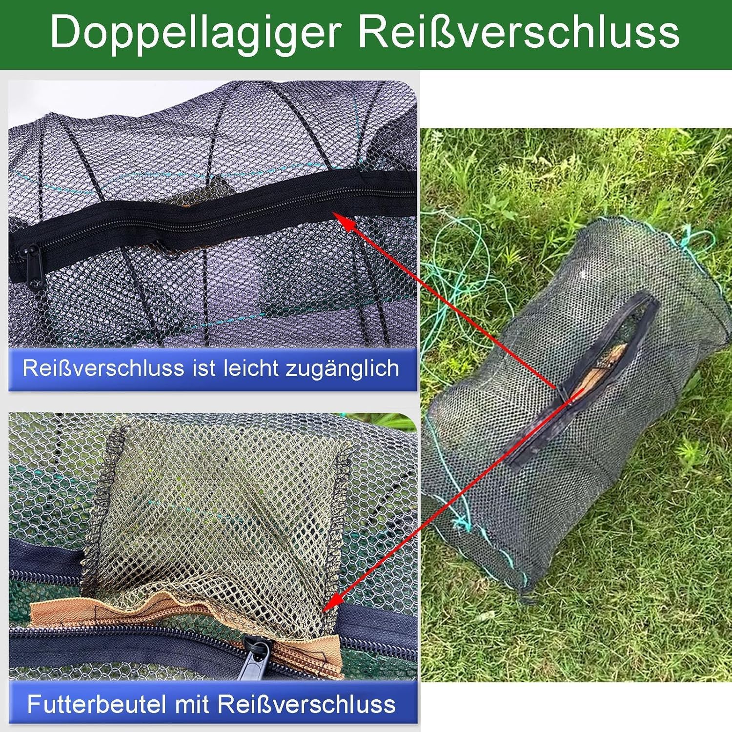 2 Stück krebsreuse faltbar fischreuse Krebsreuse Trap Keepnet Angelkescherreusen für fischfang Aalreuse mit Futtertasche und Öffnung zur Fischentnahme Köderfischreuse für Fisch, Garnelen, Krabbe, Aalr