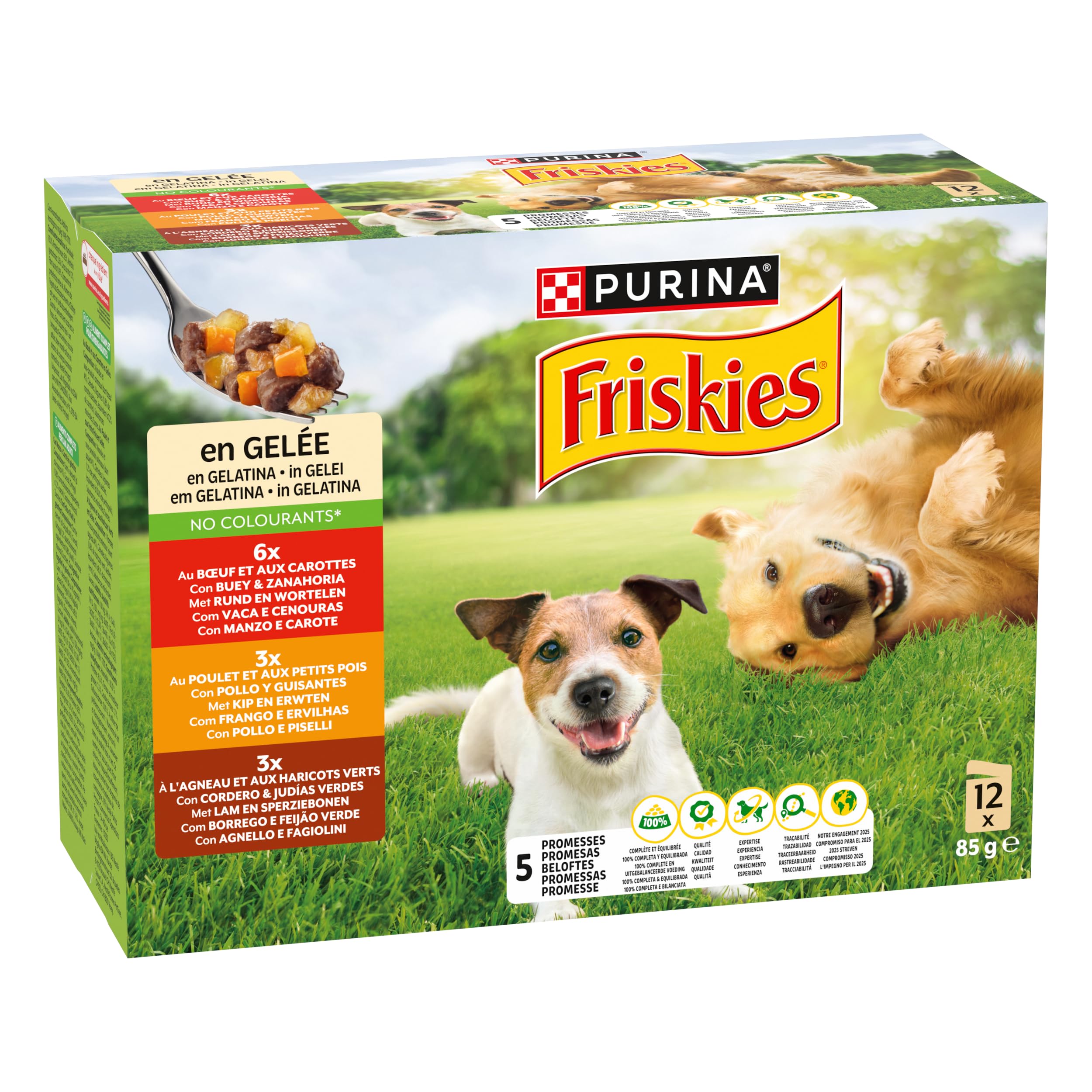 Purina Friskies Nourriture Humide pour Chien en gelée avec Poulet, Agneau et bœuf, 6 Paquets de 12 sachets de 85 g