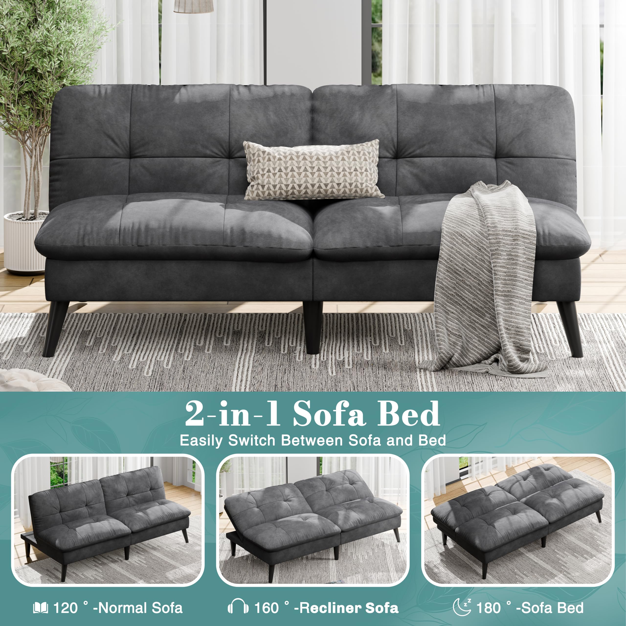 Small Futon Sofa Bed, Folding Futon Bed Sleeper Couch Recliner for Living Room, Convertible Cloud Sofa Couch with Adjustable Backrest for Apartment & Office Velvet, Parloma