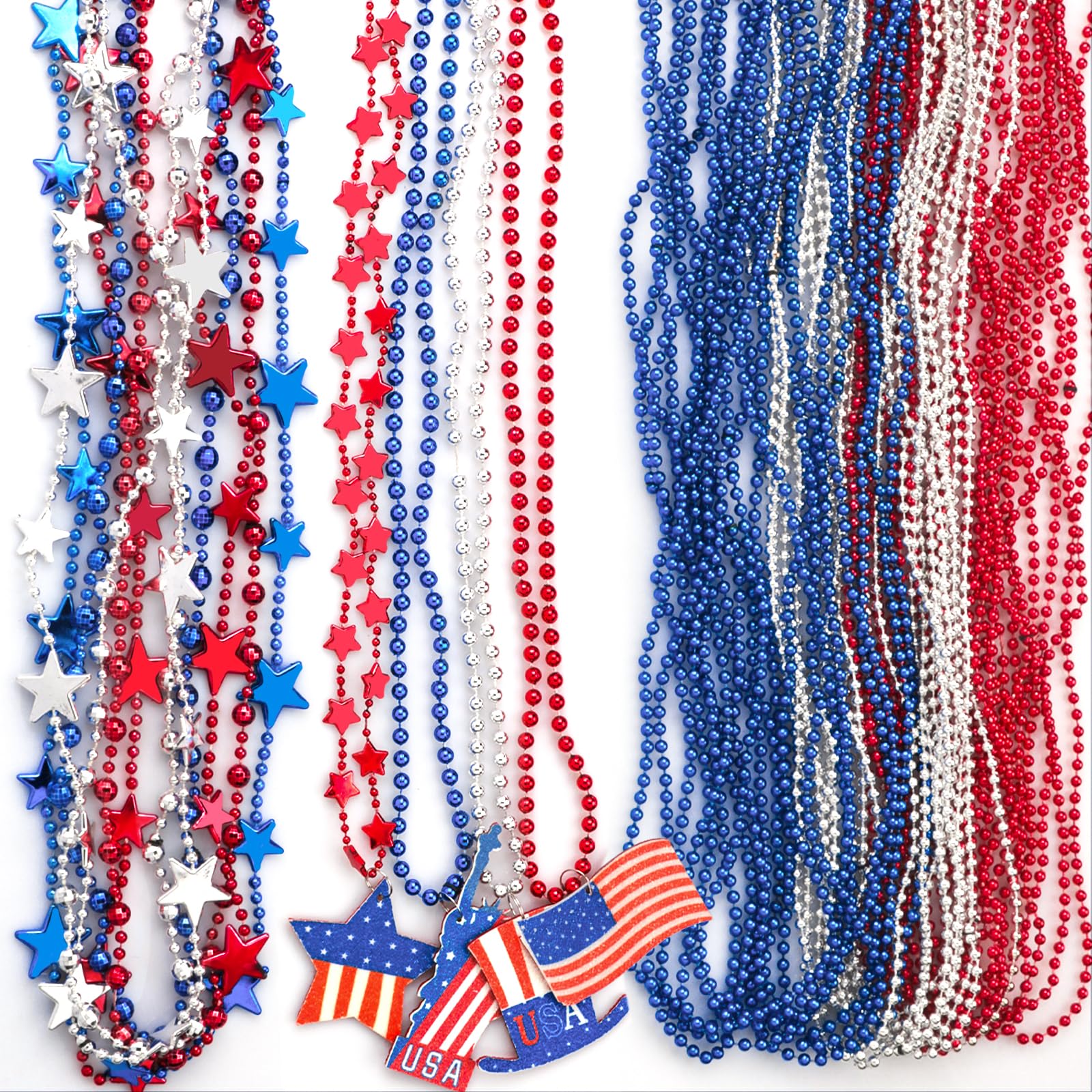 Alomois 40pcs 4th of July Necklaces Blue White and Red Beads Independence Patriotic Memorial Day Party Favors