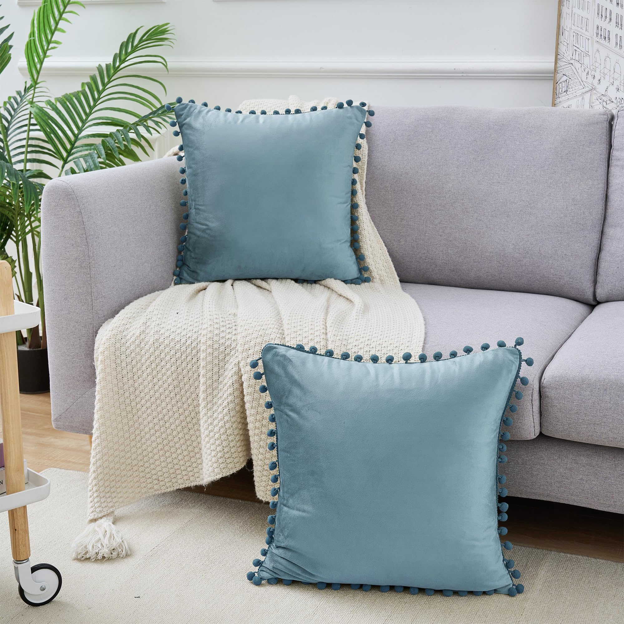 Uxcell Pack of 2 Velvet Throw Pillow Covers with Pompoms Decorative Pillow Cases Fringe Cushion Covers Velvet Square Sham for Farmhouse Bedroom Living Room Blue 40 x 40 cm - Image 3