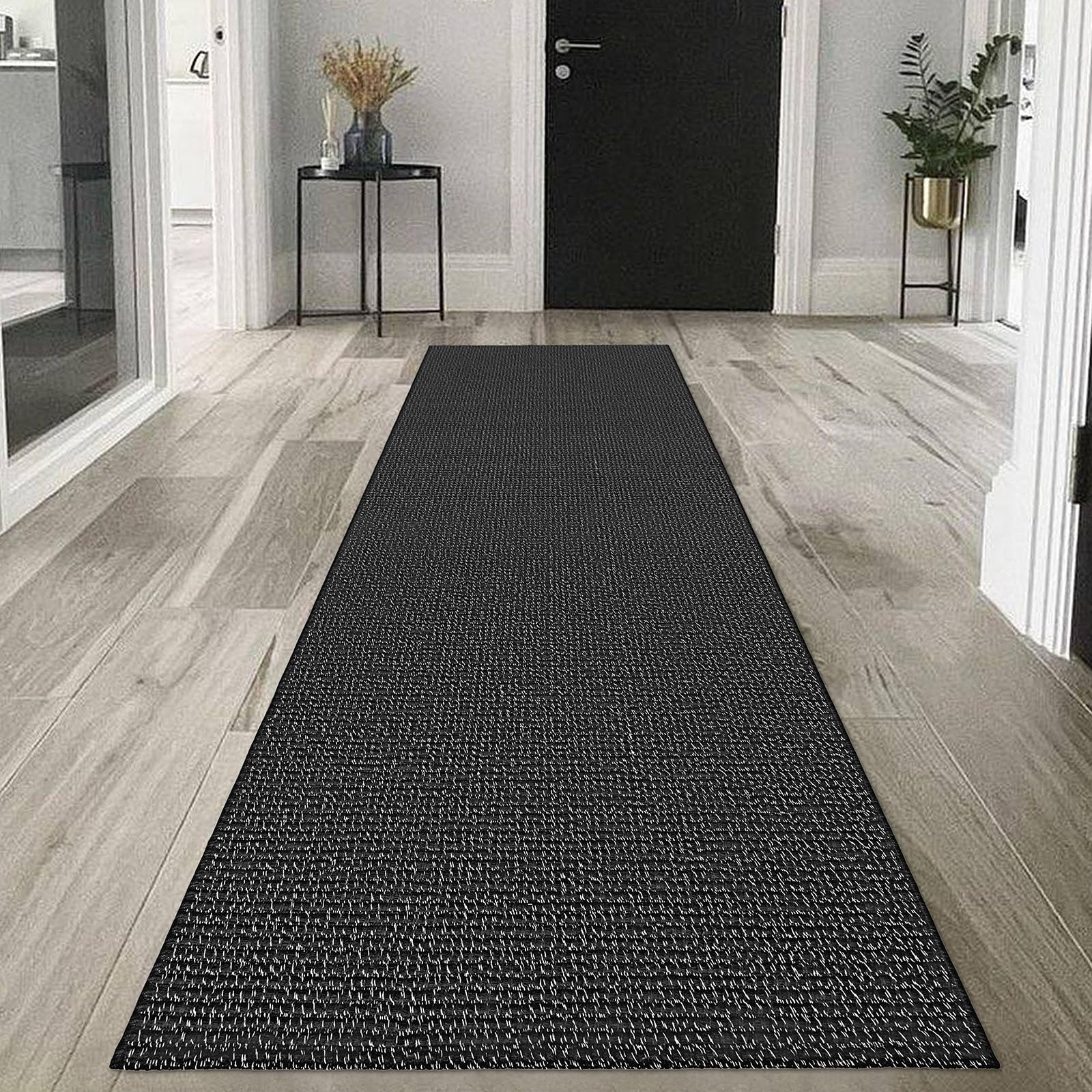 Alfombra trenzada de 2.6 x 8 pies, lavable, para pasillos, cocina, con respaldo de goma, de algodón, para entrada, interior, alfombra tejida para pasillo, cocina, dormitorio, color negro y blanco