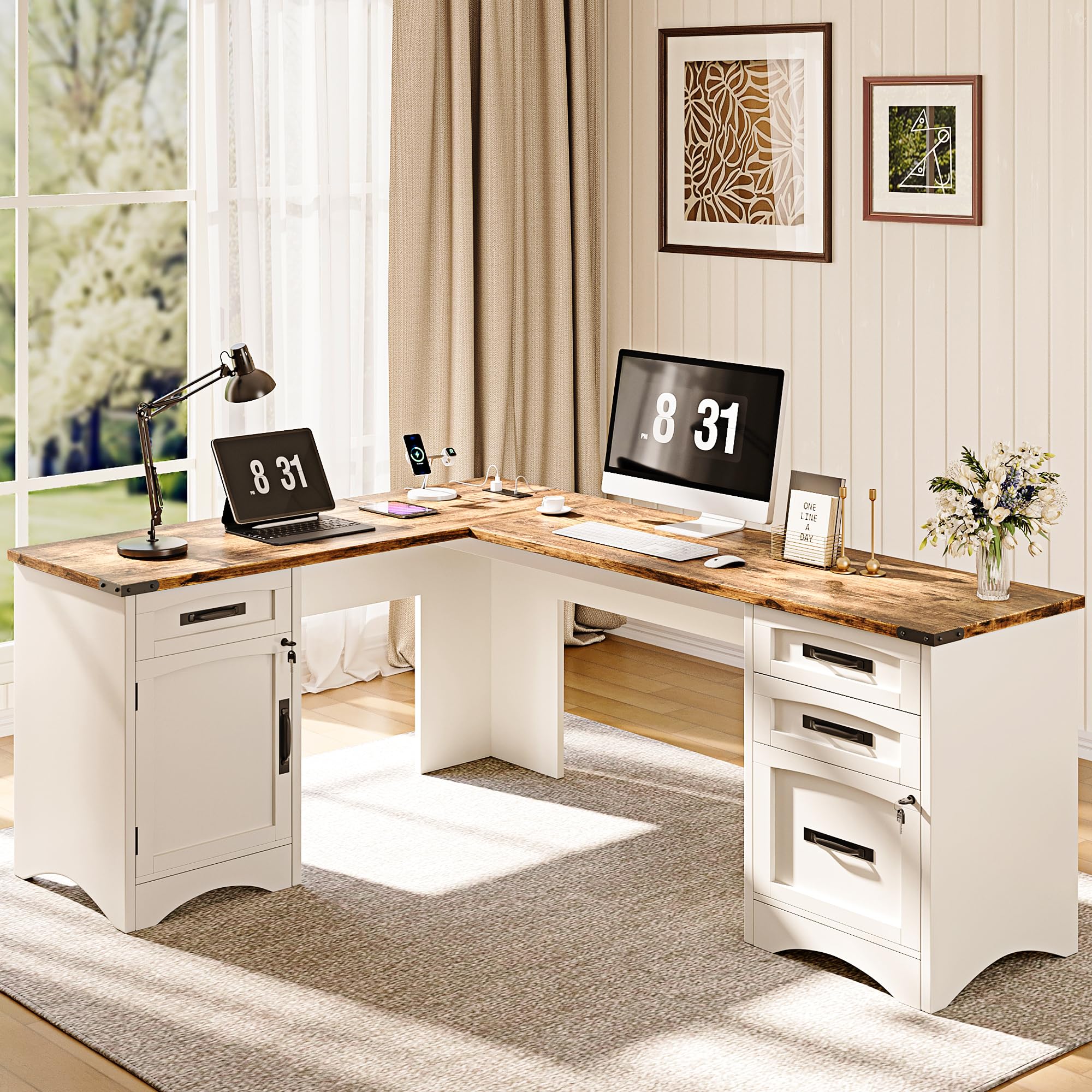 Decofy L Shaped Farmhouse Executive Desk with Drawers, 67" Home Office Desks with Fast Charging Station, Lockable File Cabinet, Wood Writing Computer