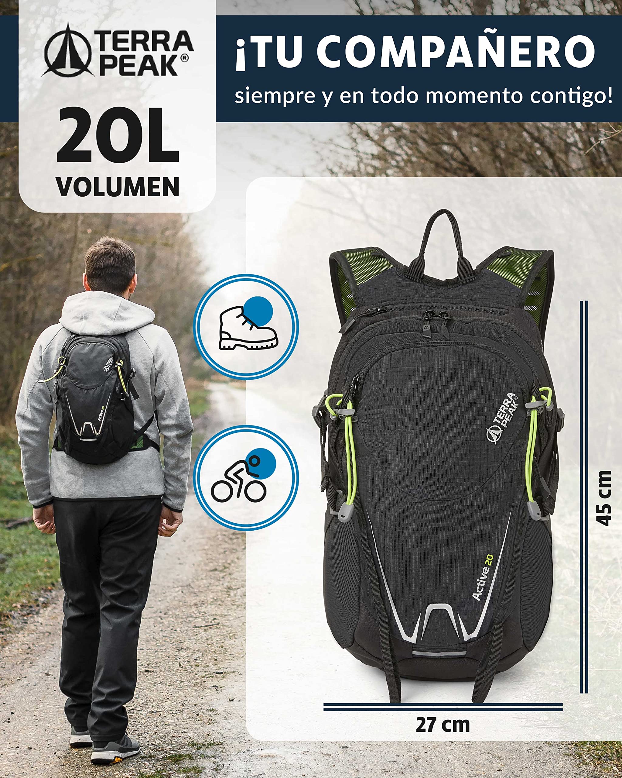 Terra Peak® Mochila de Senderismo 20L para hombre y mujer (ACTIVE 20 PEQUEÑA) - Mochila de montaña, trekking y viaje para exteriores, ergonómica e impermeable, con ventilación trasera (transpirable)