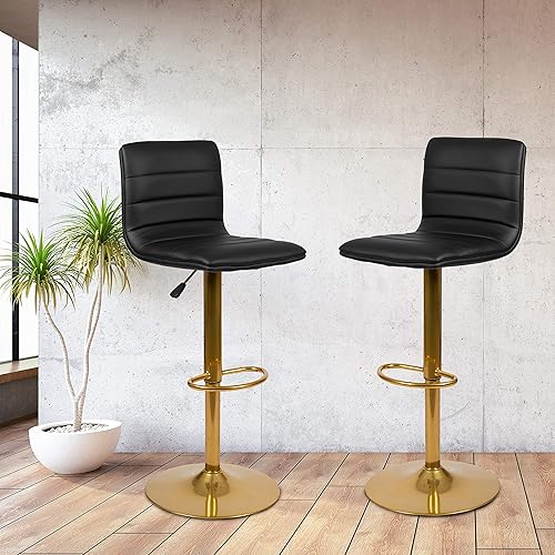 Flash Furniture Modern Black Vinyl Adjustable Bar Stool with Back, Counter Height Swivel Stool with Gold -Pedestal Base, Set of 2