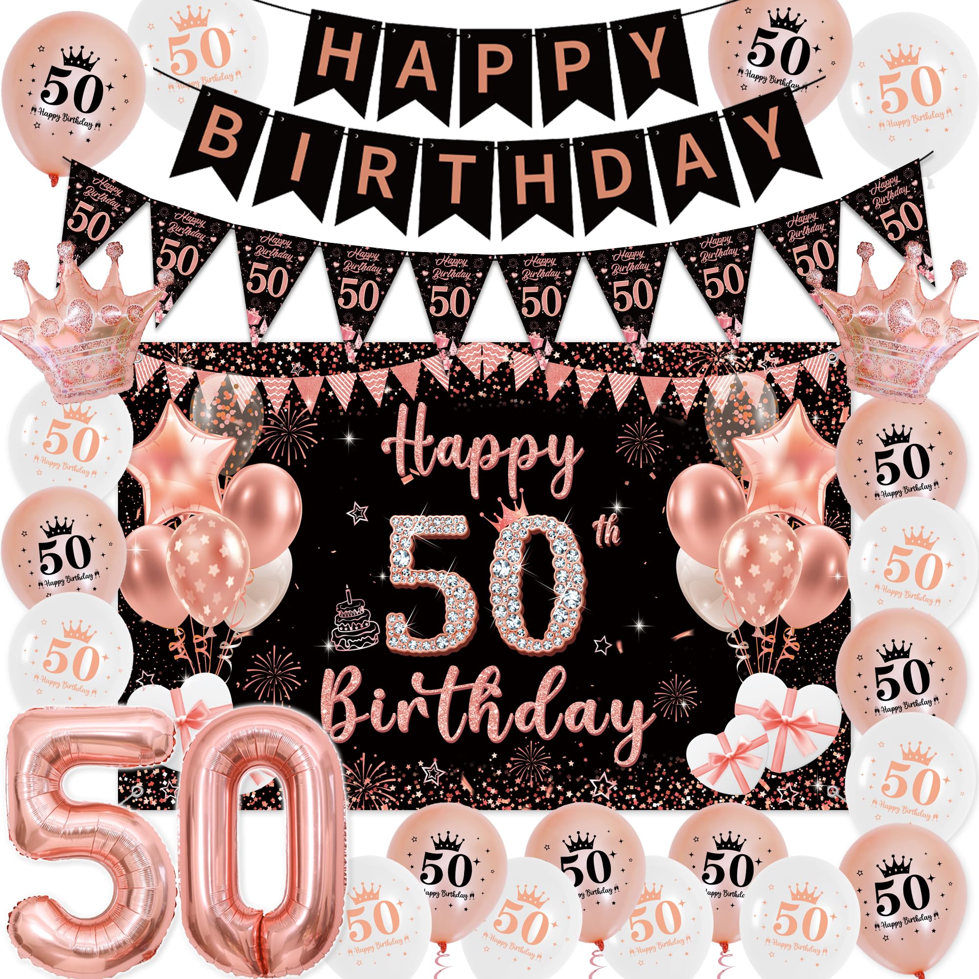 Deko 50 Geburtstag Frau Roségold Schwarz - Happy Birthday Banners Girlande Wimpel, Große Happy 50. Birthday Banner (100 x 64cm) und XXL Zahlen Luftballon für Frauen 50 Jahre Geburtstagsdeko Party