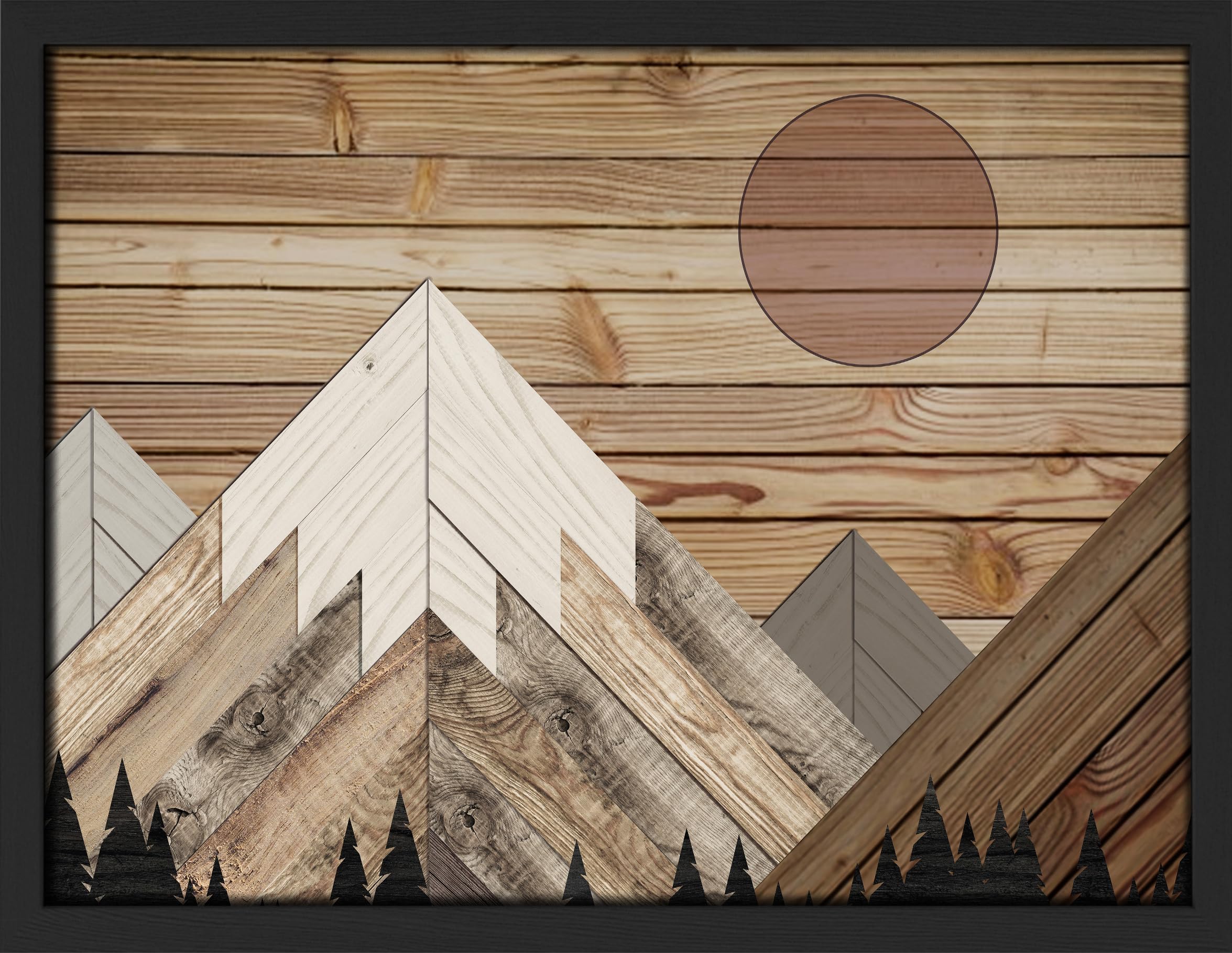 SIGNWIN Framed Wood Panel Wood Block Snowy Mountain Range Forest Wall Art, Floral Botanical Wall Decor Prints, Nature Wilderness Wall Décor for Living