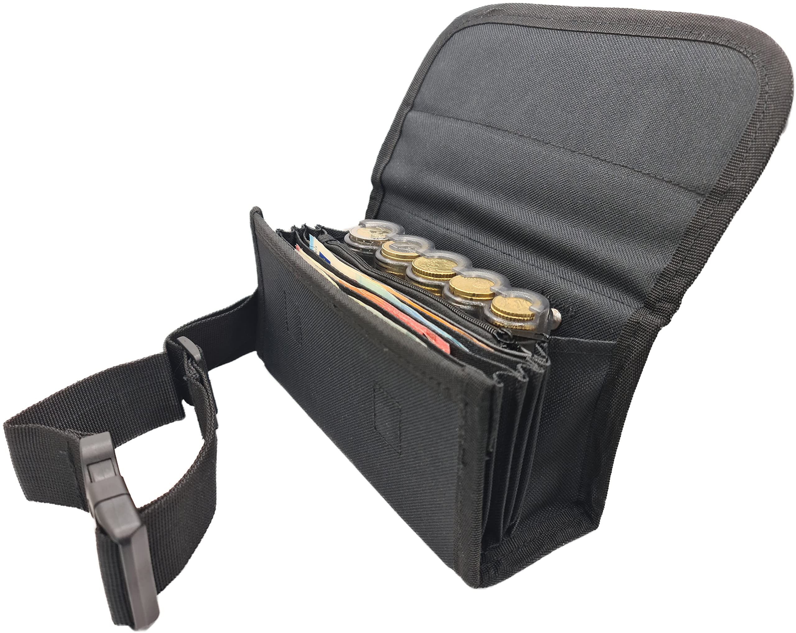 Sacoche Banane Serveur en Toile Tissu polyester, Avec Monnayeur Distributeur 5 Pièces d'Euros gradué et transparent, 1 compartiment zippé, Fermeture par Aimants, idéale Serveur