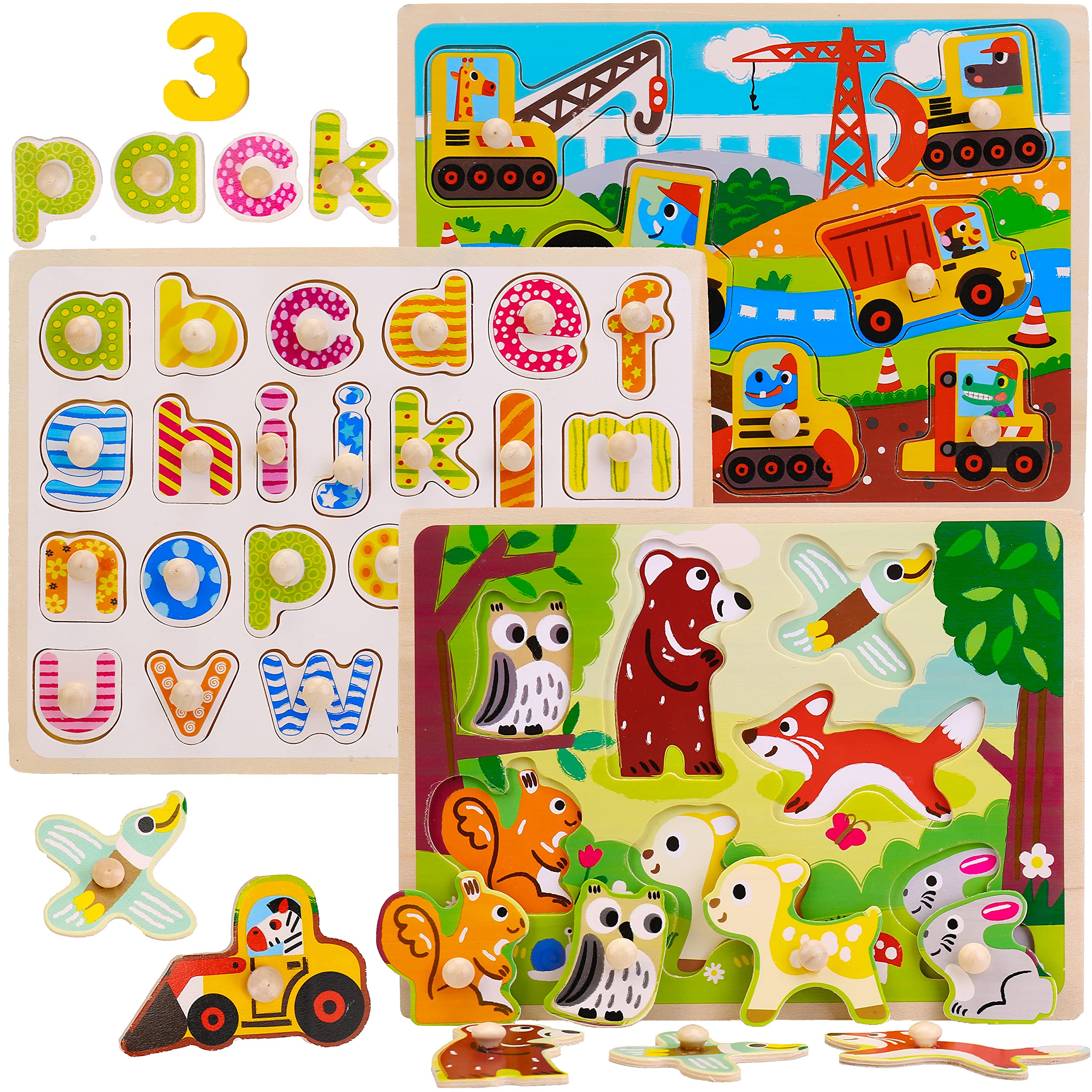 Montessori Mama Pegged Wooden Puzzles for Toddlers 1-3 | 3-Pack Toddler Learning Toys for Toddlers 1-3 | Toddler Puzzles for Kids Ages 2-4 | Alphabet Puzzles | Gift for One Year Old and Up