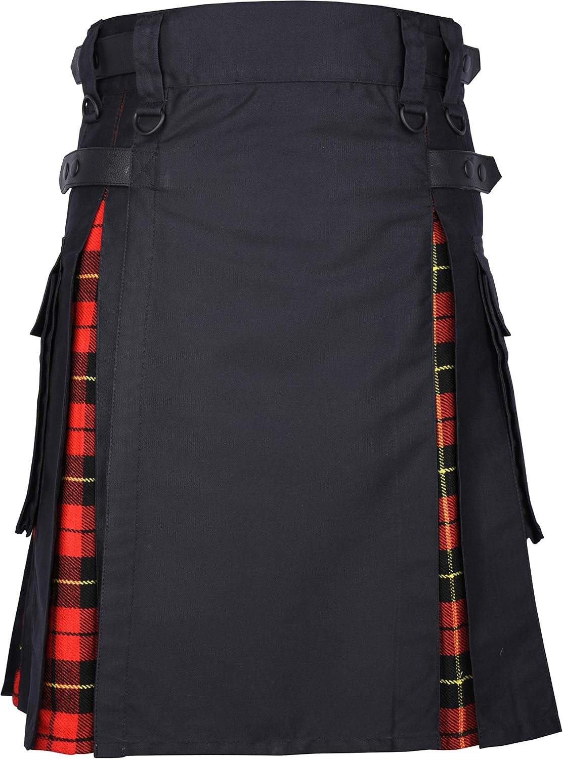 DSS KILTS- Men's Hybrid Black Cotton & Tartan Utility Kilts with Leather Straps-Plus Size Kilts for Men