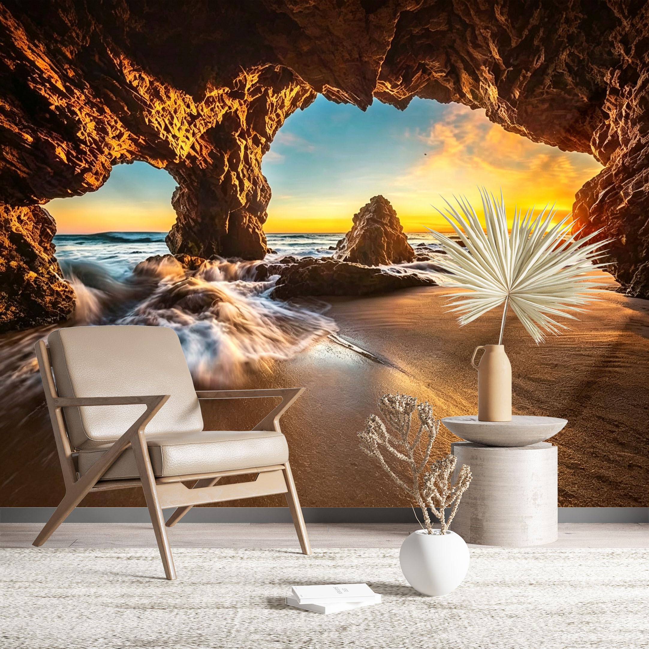 Custom Size Wall Murals Cave View of Sunset Beach Wall Murals Ocean Wallpaper Realistic Self-Adhesive Removable Wallpaper for Living Room Bedroom