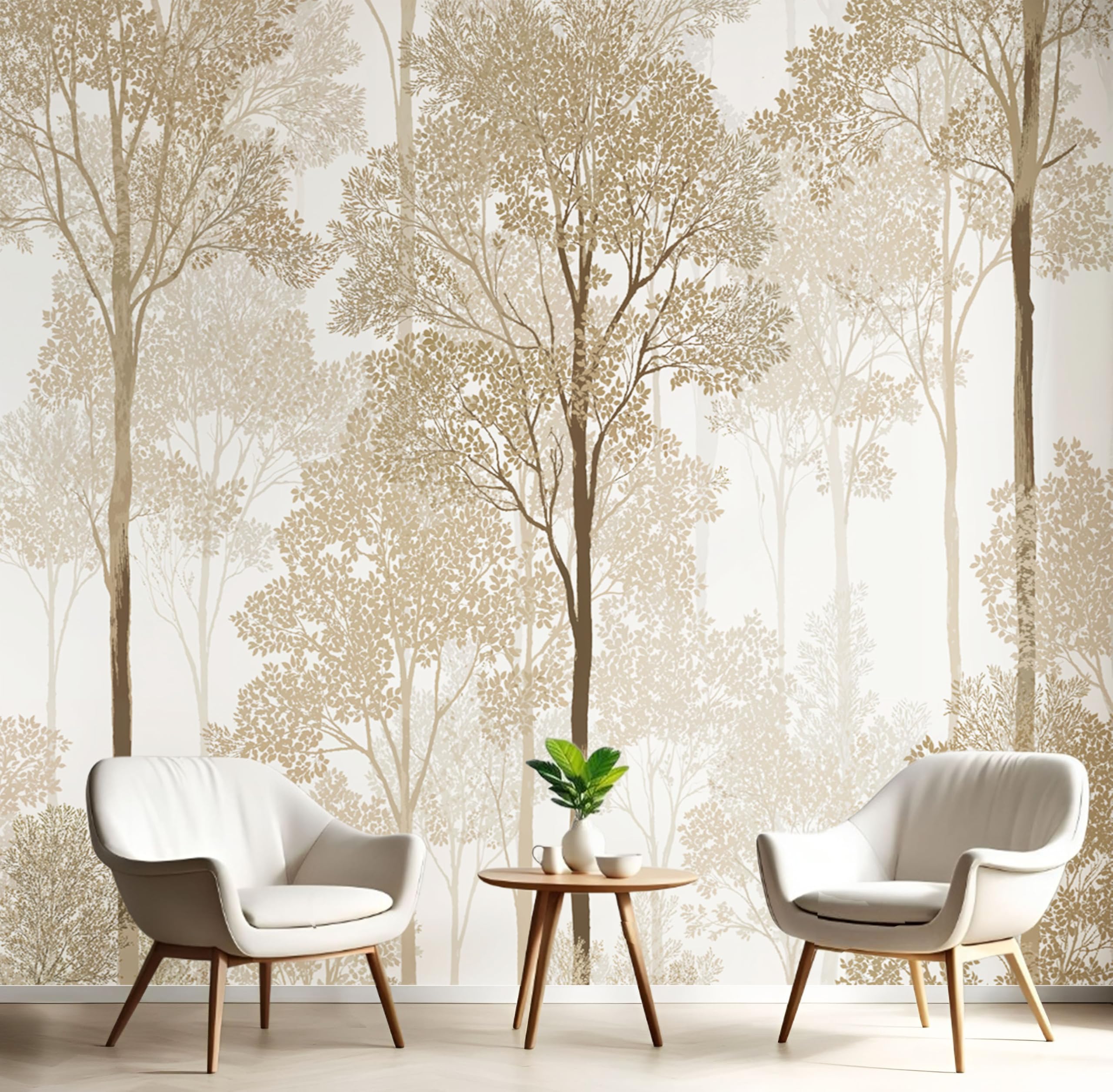 Papier Peint Motif Forêt Vintage Tapisserie Panoramique Grand 3D Plantes Aquarelles Beige Papier Peint Soie Pour Salon Chambre Chambre D'Enfant Décoration Murale, 250X175Cm