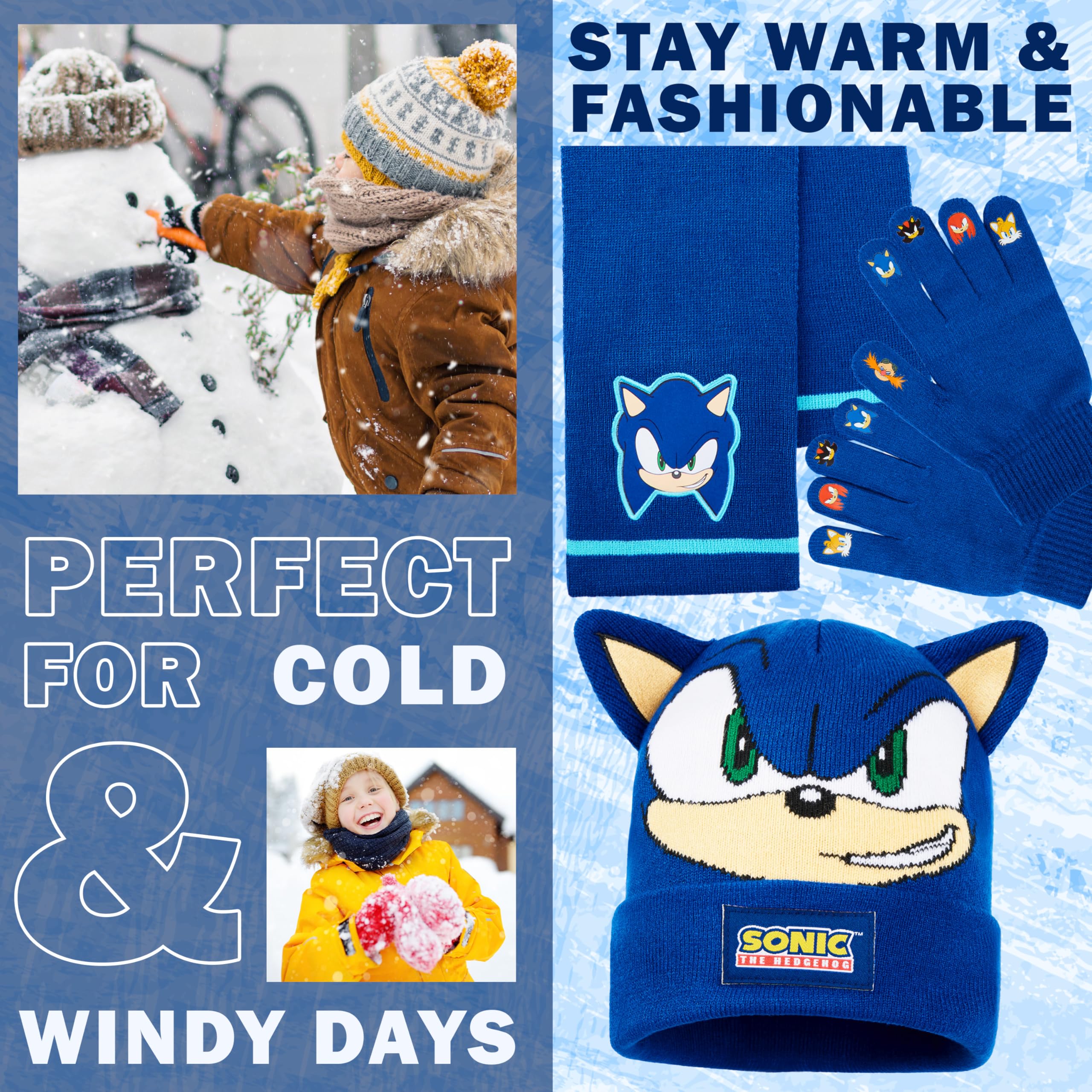Get Trend SONIC THE HEDGEHOG Conjunto Bufanda Gorro y Guantes Niño, Accesorios de Invierno Cálido para Fans, Regalo para Gamers
