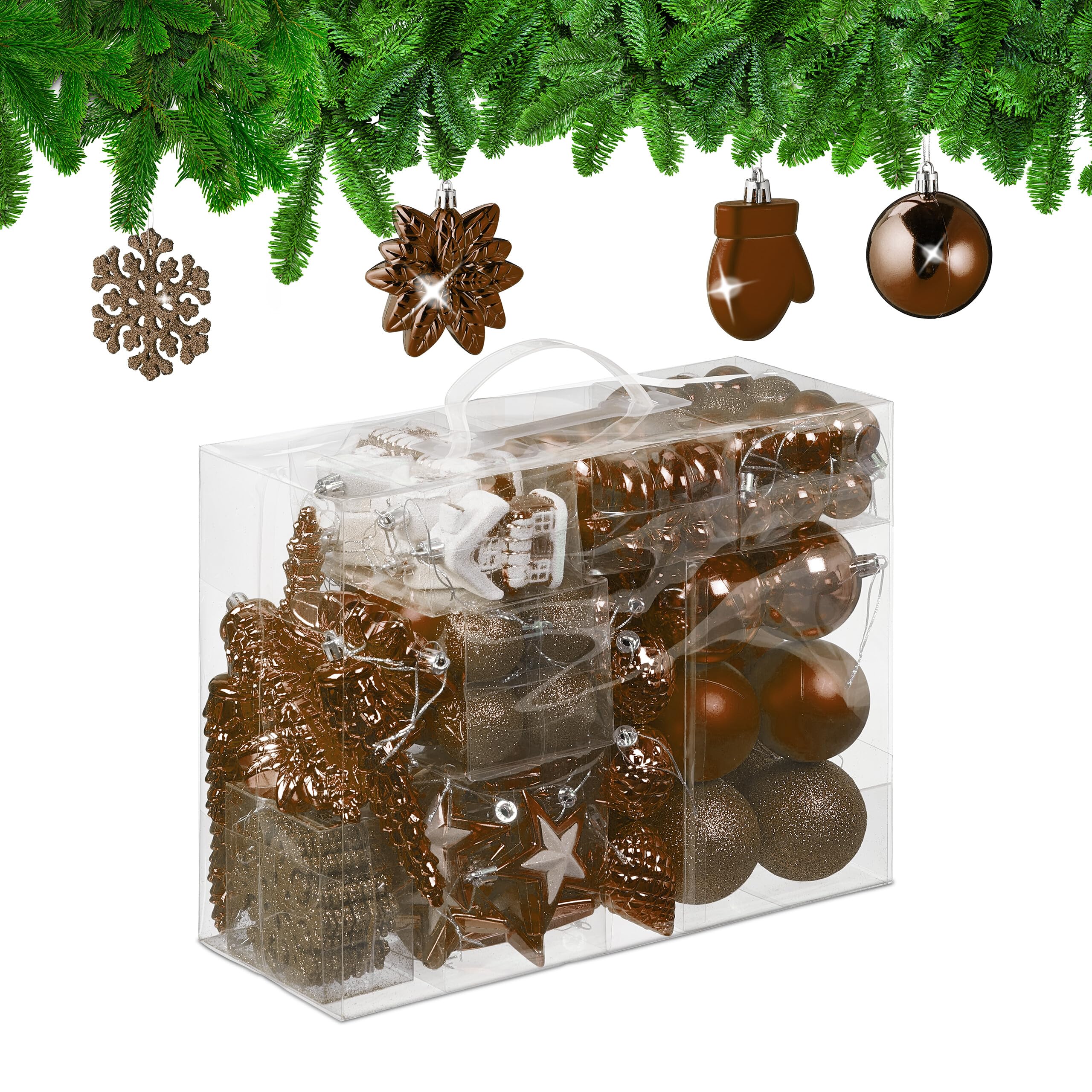 Relaxdays 100x Christmas Ornaments, Baubles, Glittering, Matte & Shiny, Tree Decorations, Plastic, 10 Designs, Brown