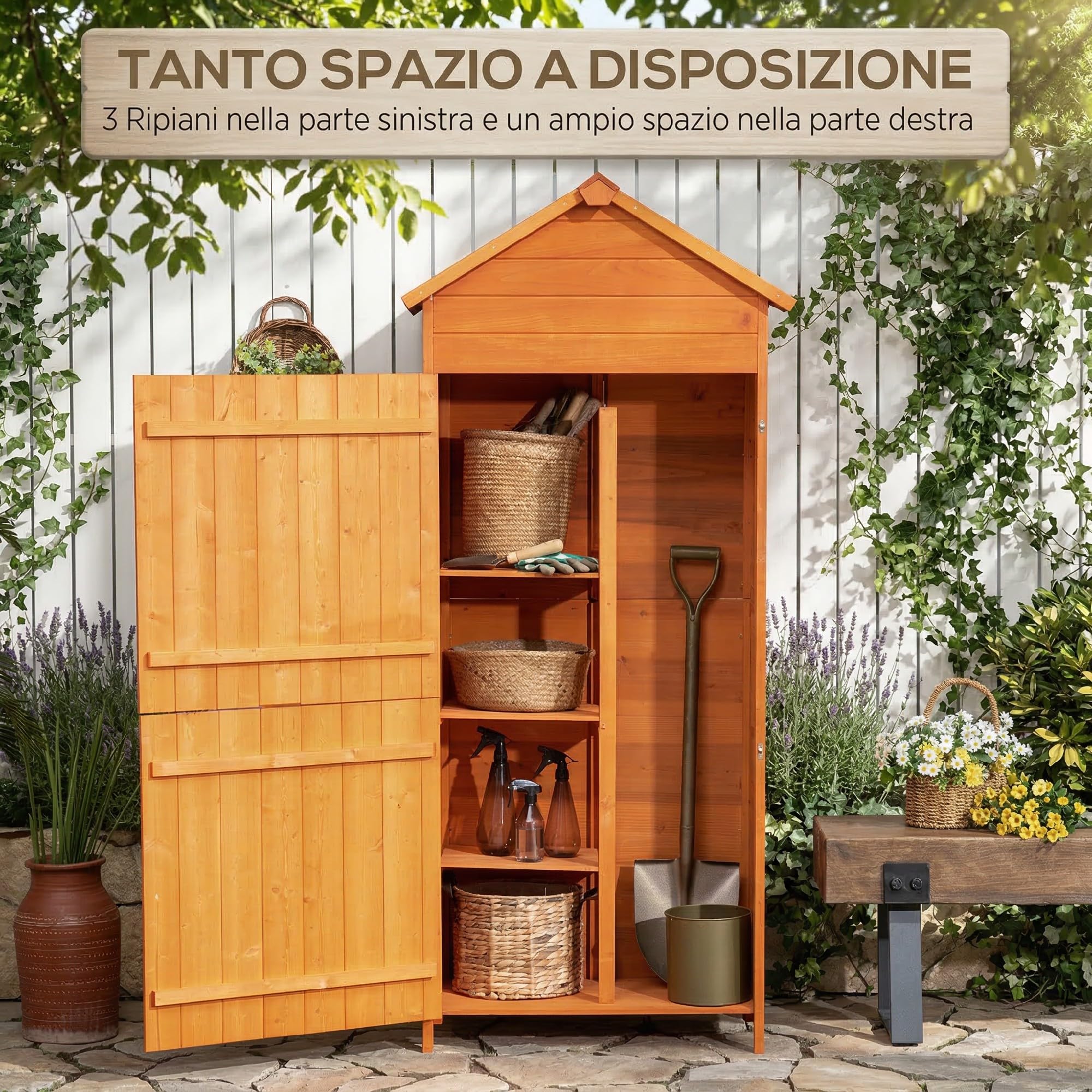 Outsunny Casetta da Giardino in Legno 2 Ante Armadio da Esterno 3 Ripiani 84x52x188cm