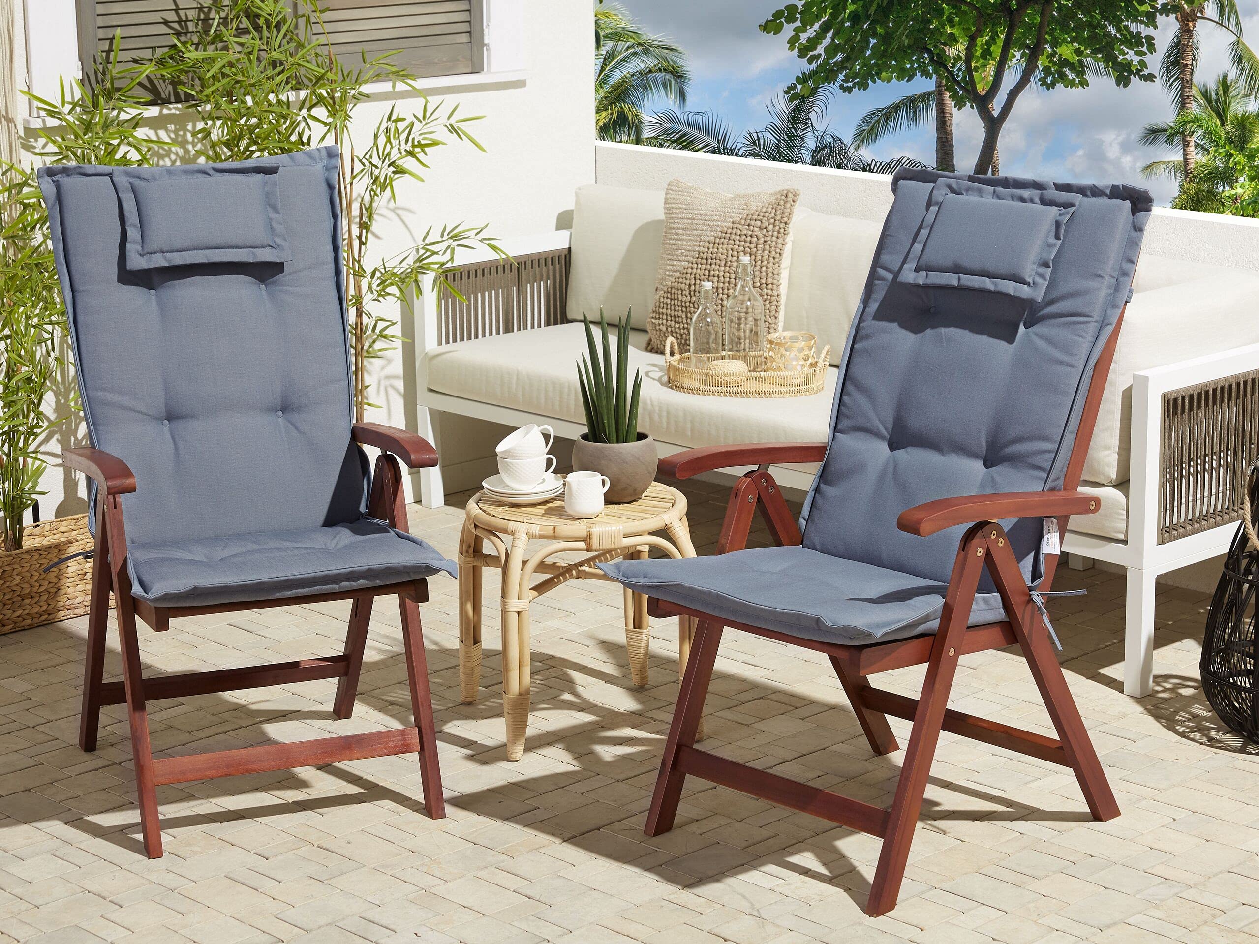 Beliani Lot de 2 Coussins d'Assise en Tissu Bleu et Mousse pour Extérieur à Fixation Java/Amantea