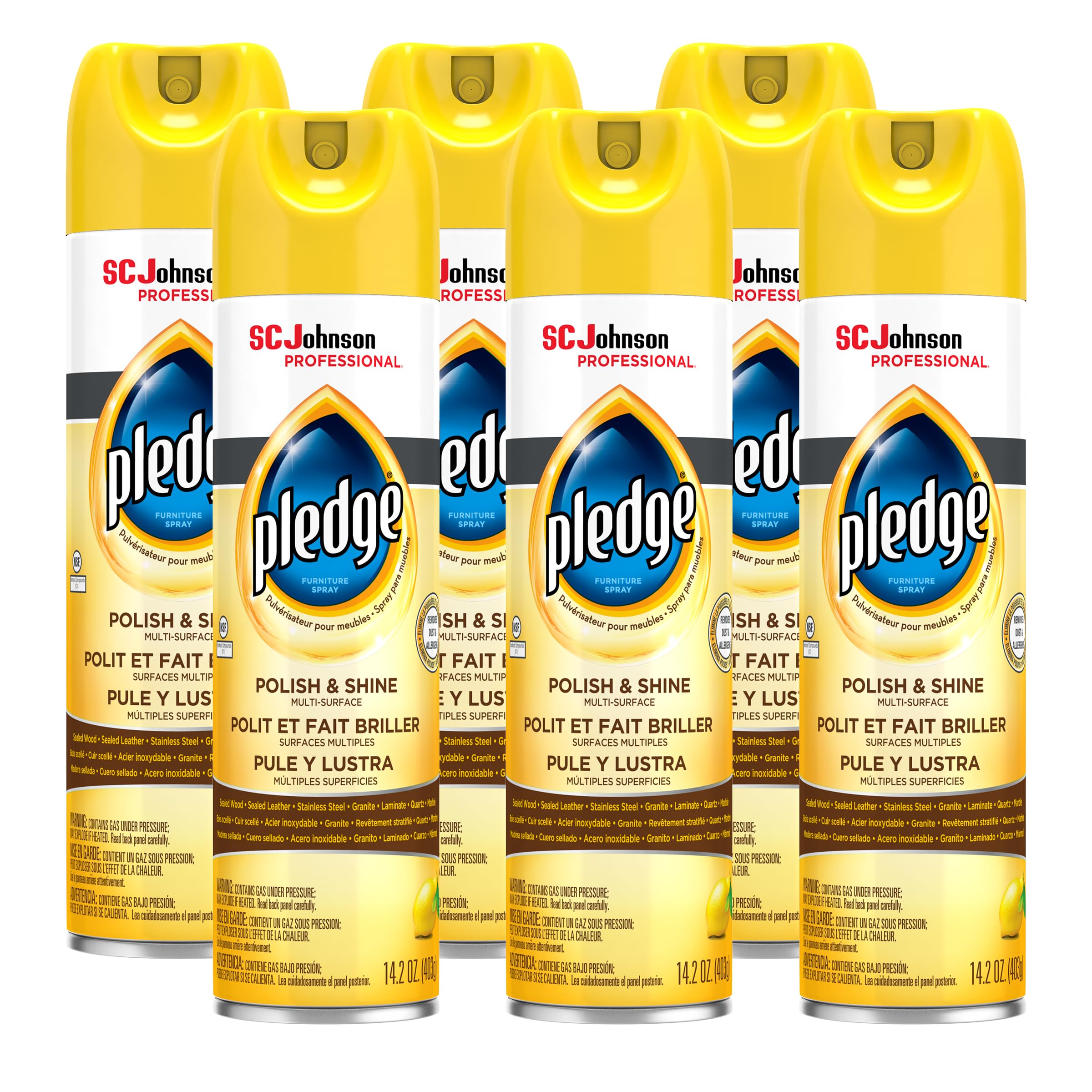 Pledge Polish and Shine for Wood Furniture and More, Lemon Scent, 14.2 Fl Oz, Pack of 6