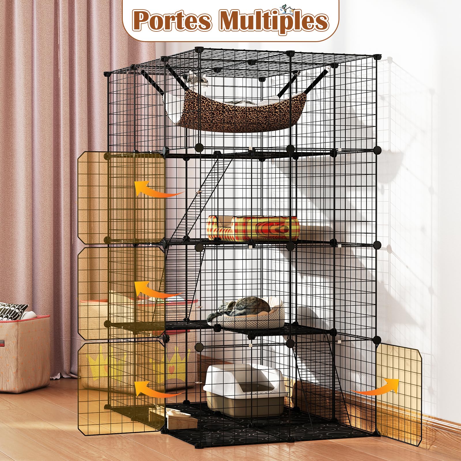 GOPLUS Cage pour Chat Chien, 4 Niveaux avec Hamac, Échelle, Fenêtre de Ciel, Grand Enclos pour Chats en Métal, Noir (109,5x74x142cm)