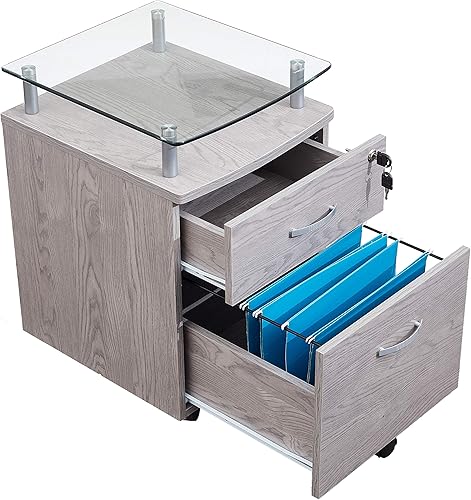 Miniatura 8 de Archivador rodante de 2 cajones con cerradura y parte superior de cristal, archivador debajo del escritorio con ruedas, soporte para impresora, gris