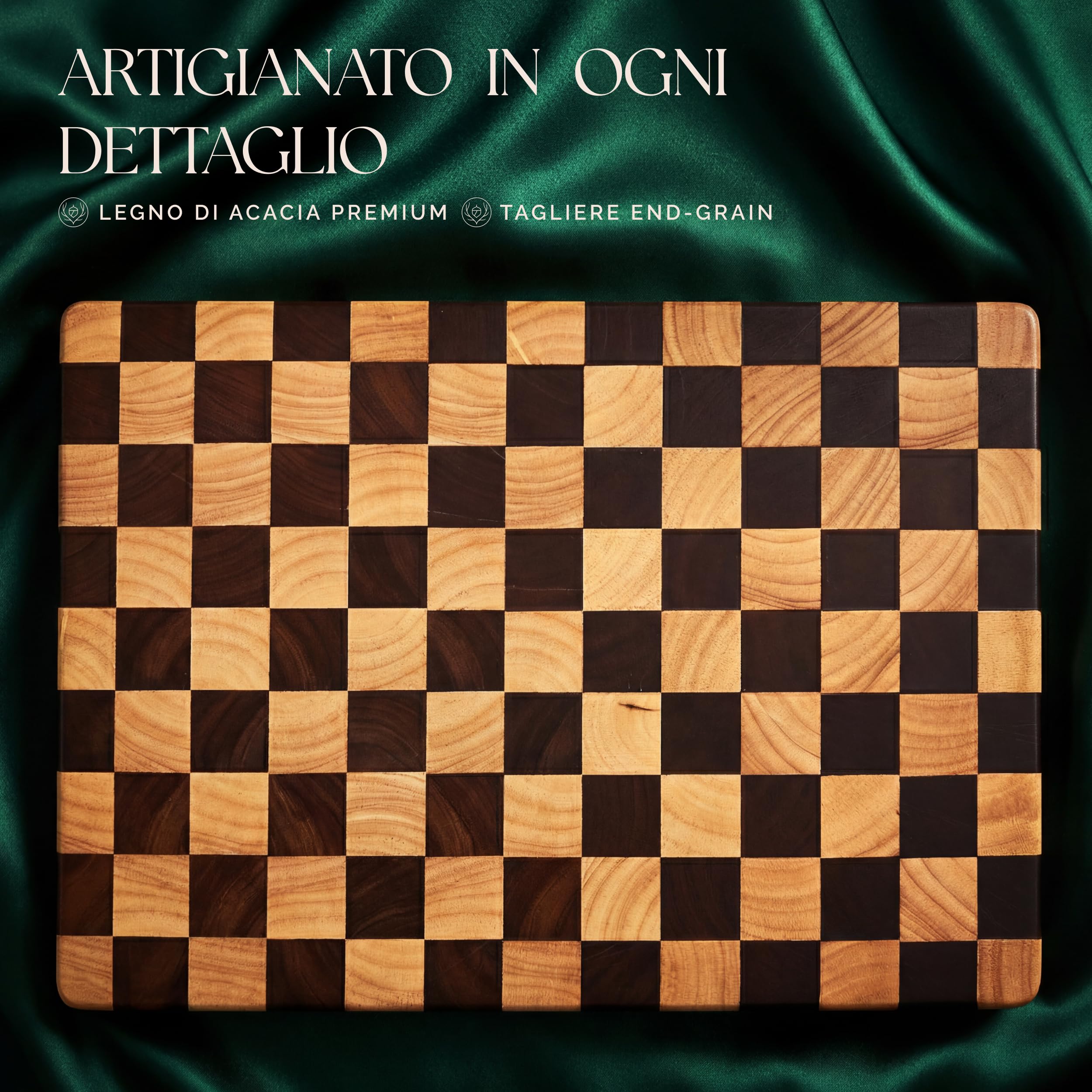 Deer & Oak Tagliere in acacia legno di punta motivo scacchiere e olio alimentare – 45 x 31 x 3,5 cm, blocco macellaio FSC pre-oliato con maniglie, tavola antipasto