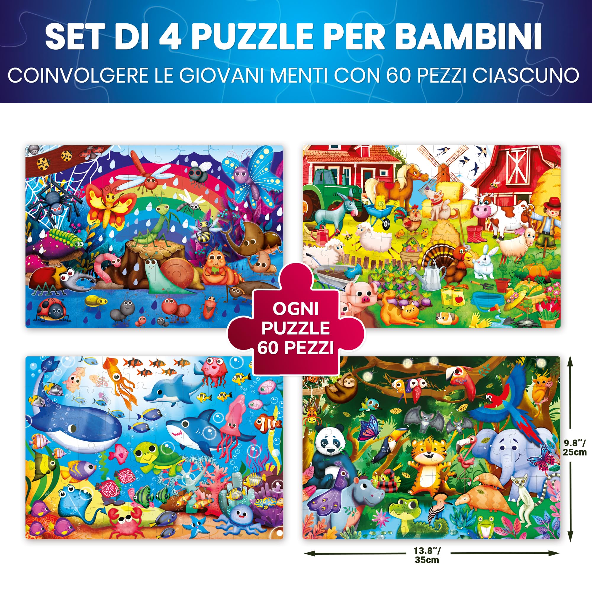 QUOKKA Puzzle Bambini 4 5 6 Anni – 4x60 Pezzi Puzzle Fluorescenti 3 4 Anni – Giocattoli Colorati con Fattoria Tropicale Oceano Animali e Uccelli – Giochi Educativi Regalo per Bambini e Bambine 6 7 8