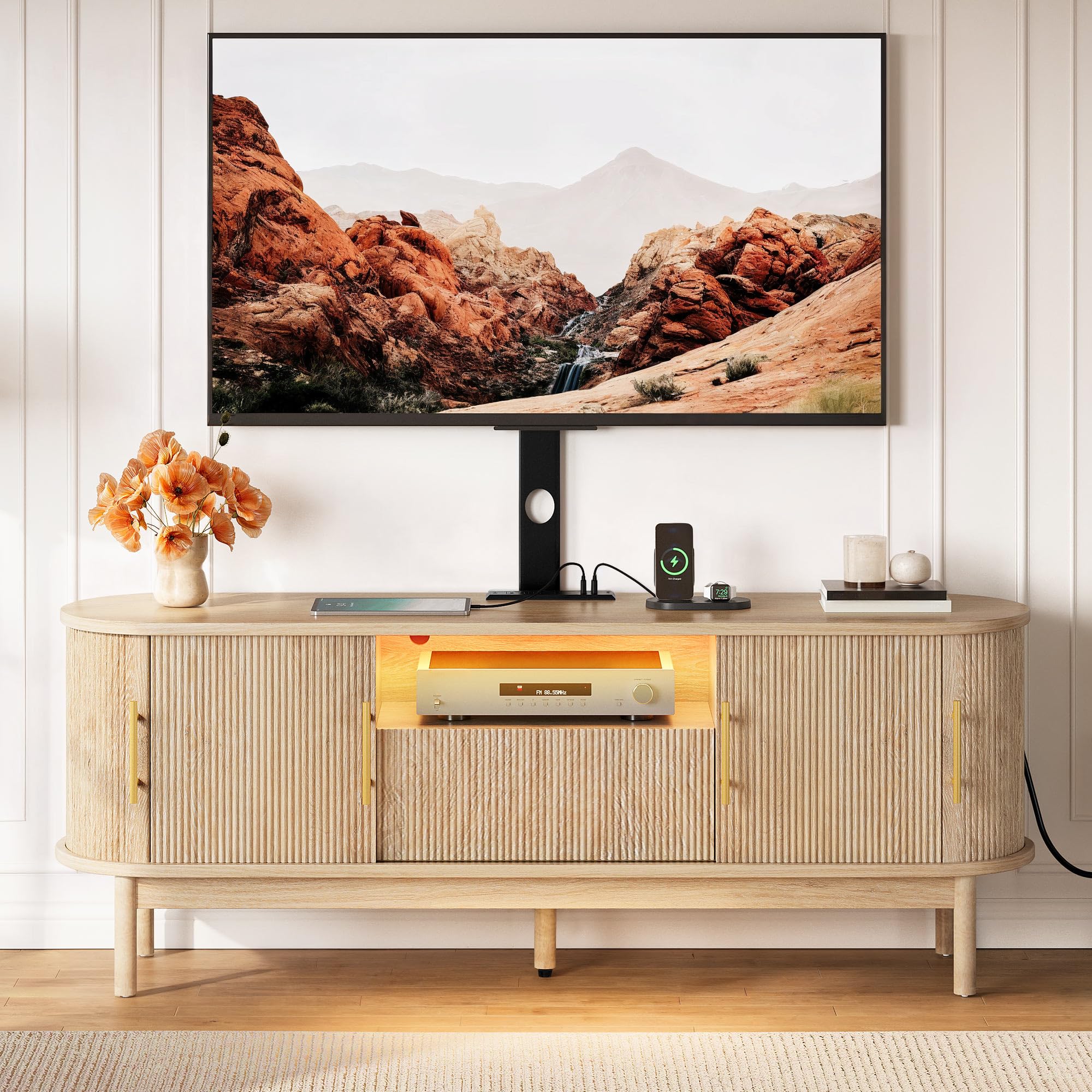 YITAHOME Fluted TV Stands for Living Room with Mount, Modern Entertainment Center for 32-70 inch TVs, LED Curved TV Stand with PowerOutlets & LED Light, Curved Profile Design, Natural Oak