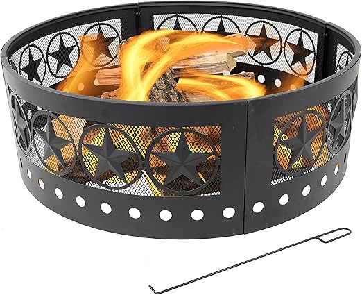 Sunnydaze 36-Inch Outdoor Fire Pit Ring with Poker - Round Heavy-Duty Steel Fire Ring for Camping or Backyard - 4-Star - 12" H