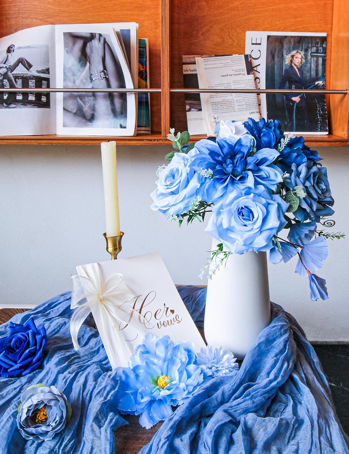 Artificial Flowers for Home Decorations: Blue Silk Fake Flowers Bulk Boxed Set, Peony Roses Bouquets with Stems for Table Centerpiece, DIY Wedding, Bridal Shower, Graduation Cap & Tea Party