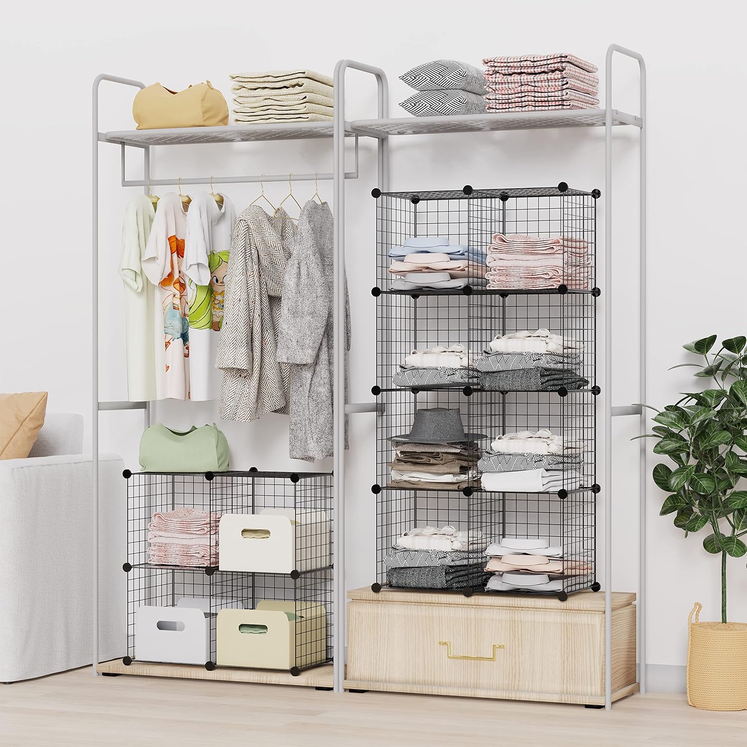 SIMPDIY Bookshelf Portable Storage 16 Cubes Black Wire Grid Wire Cube Storage Space-Saving Metal Organizer Wire Modular Shelf