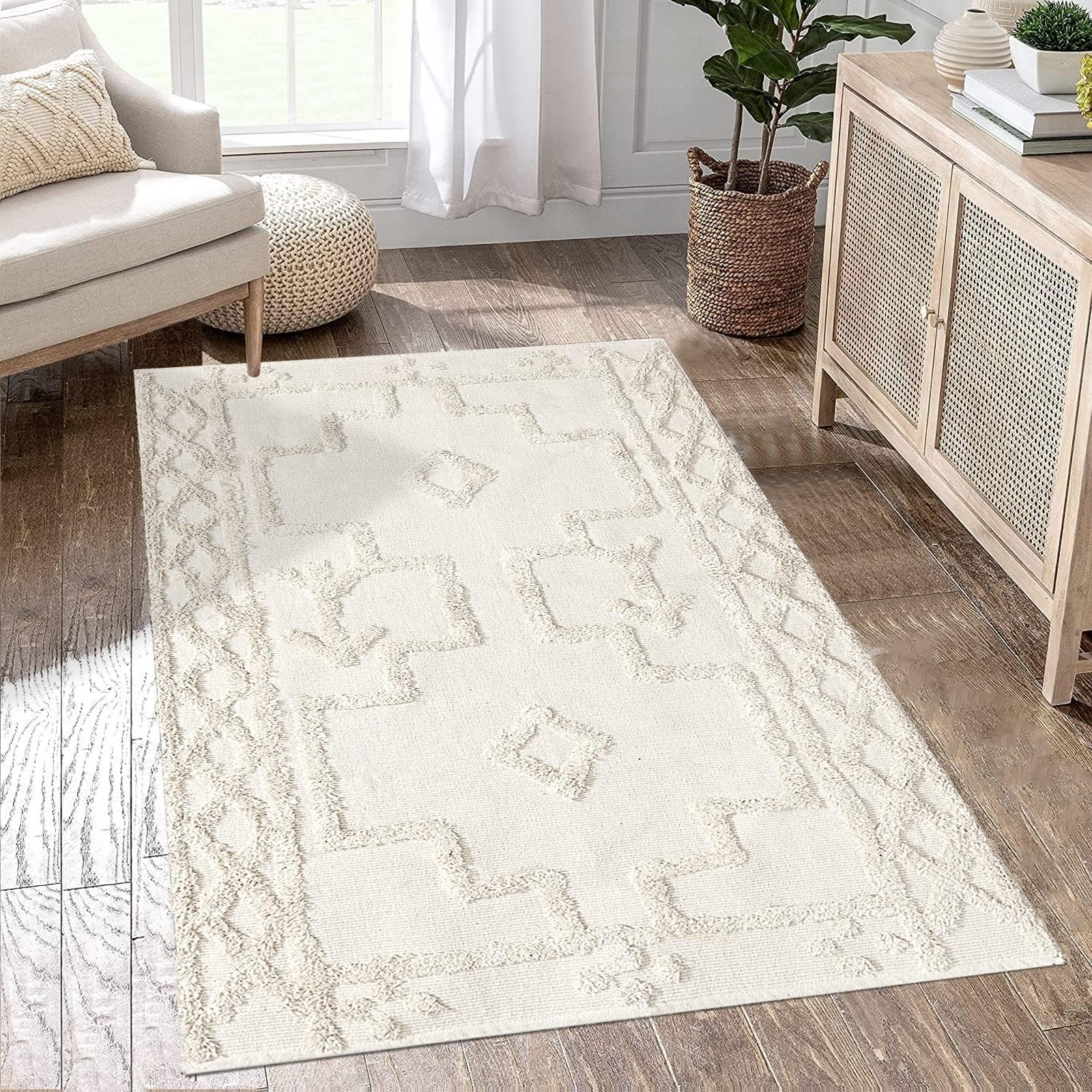 Boho Area Rug 3' x 5', Cream Washable Cotton Woven Entryway Rug with Tassels, Moroccan Tufted Bedroom Rug, Farmhouse Tribal Floor Carpet for Entry Office Porch Living Room Kitchen