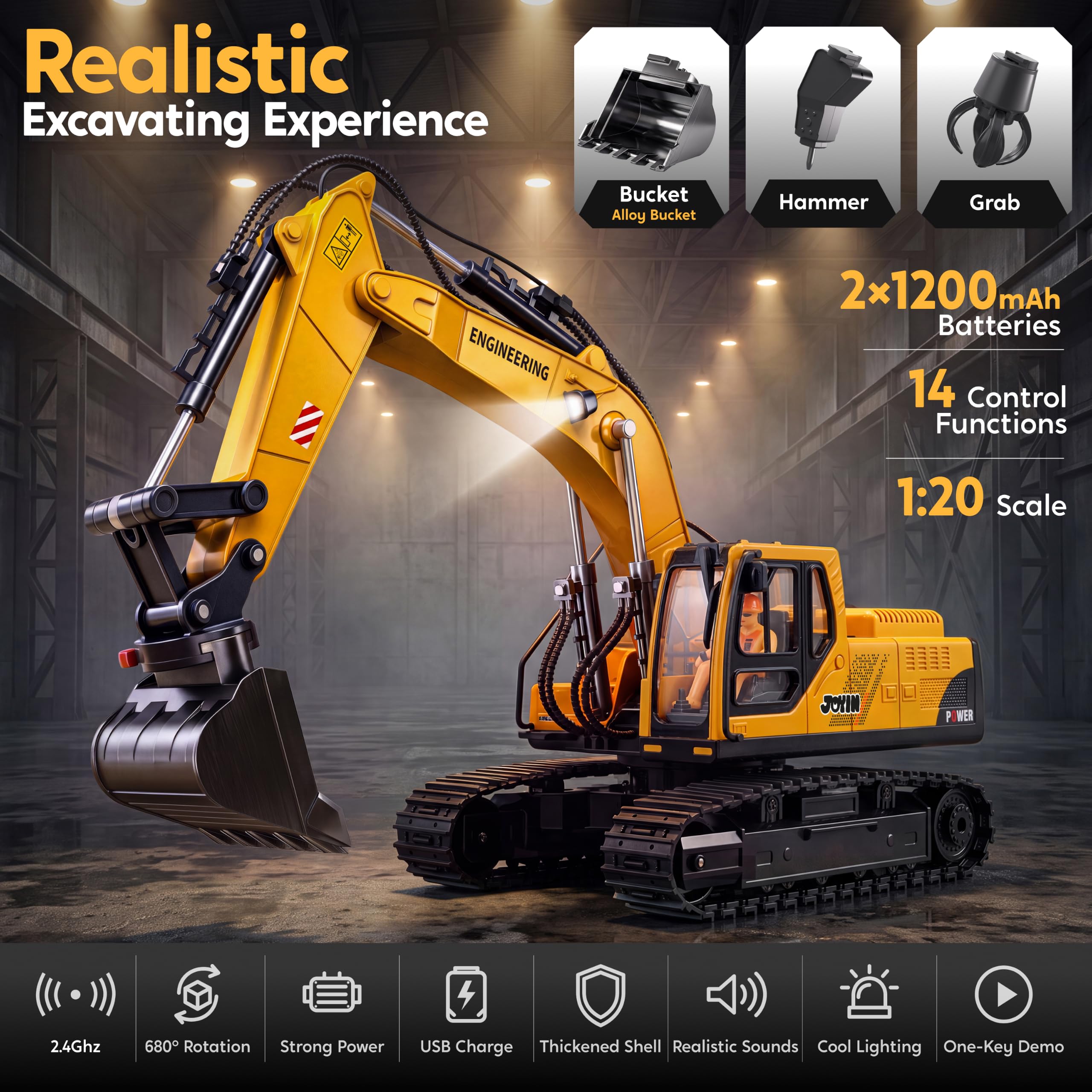 JOYIN 3-in-1 Ferngesteuerter Bagger für Jungen ab 3-9 Jahren, RC Bagger Spielzeug mit Legierung Schaufel Greifer Bohrer, 2.4GHz Auto mit Licht und Sound, Kinder Geburtstag Geschenk