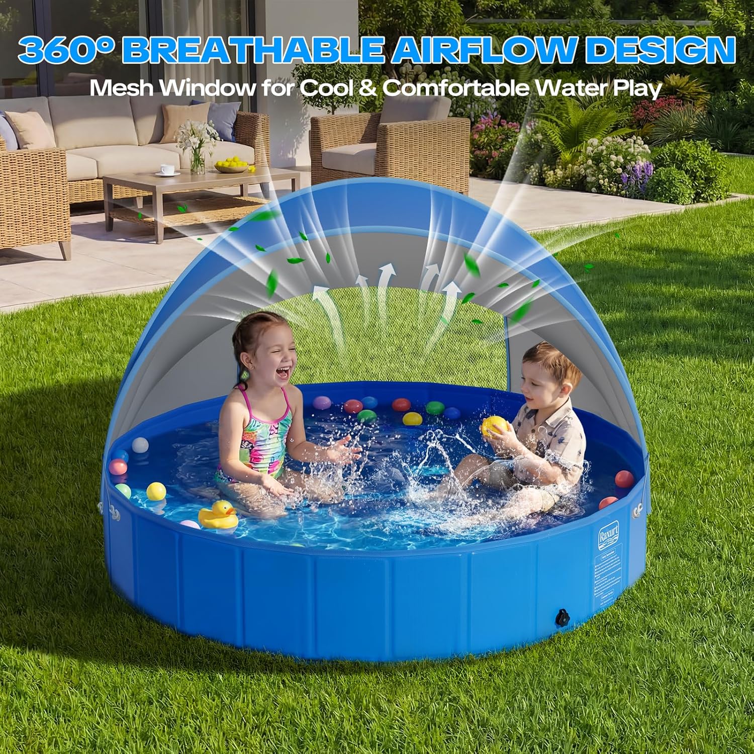 47in Kiddie Pool with Canopy - Foldable Toddler Pool with Detachable UPF 50+ Sunshade, Portable Non-Slip Kids Swimming Pool Collapsible Dog Pool for Outdoor Backyard Beach