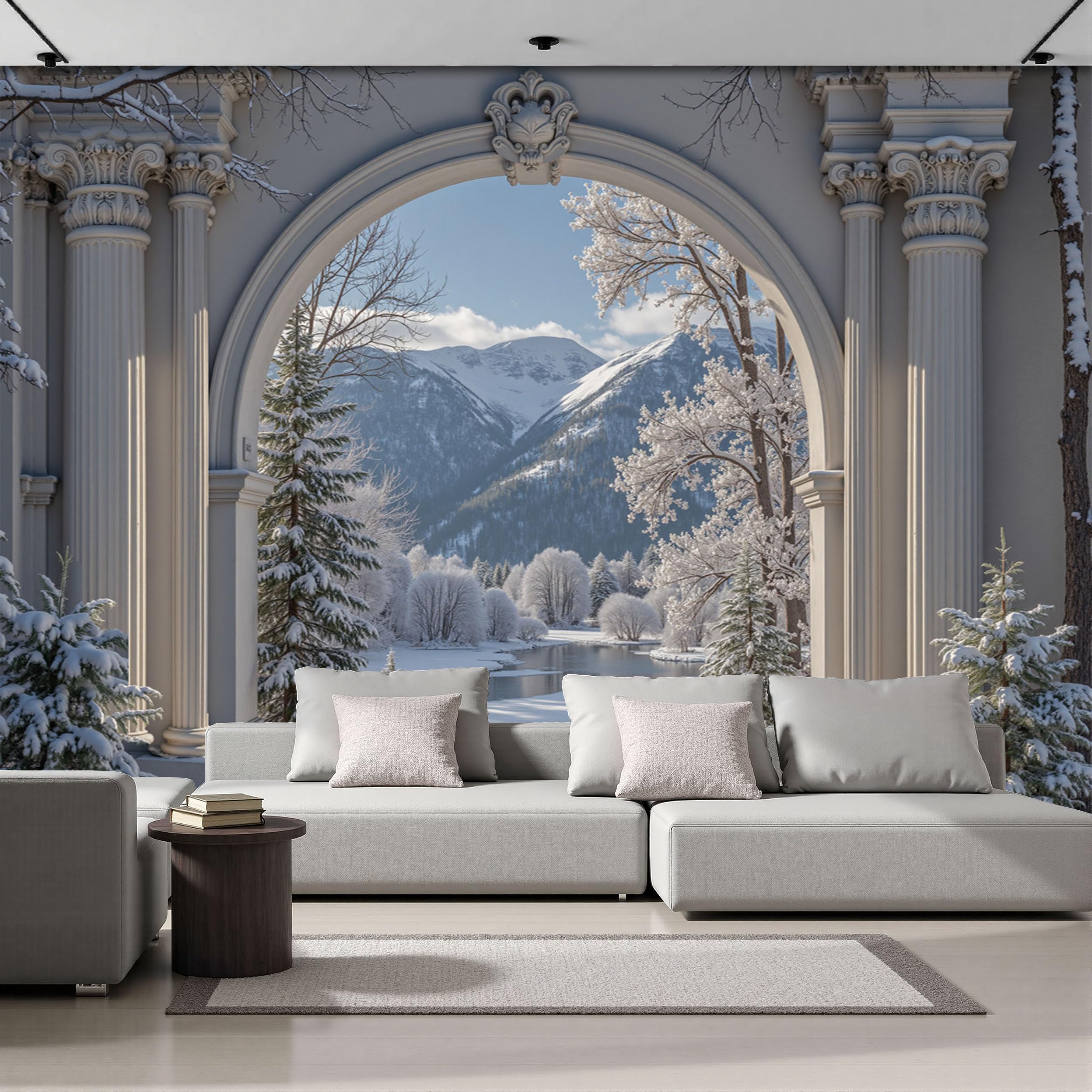 Papier peint panoramique 3D grand poster blanc trompe l'oeil arche romaine
