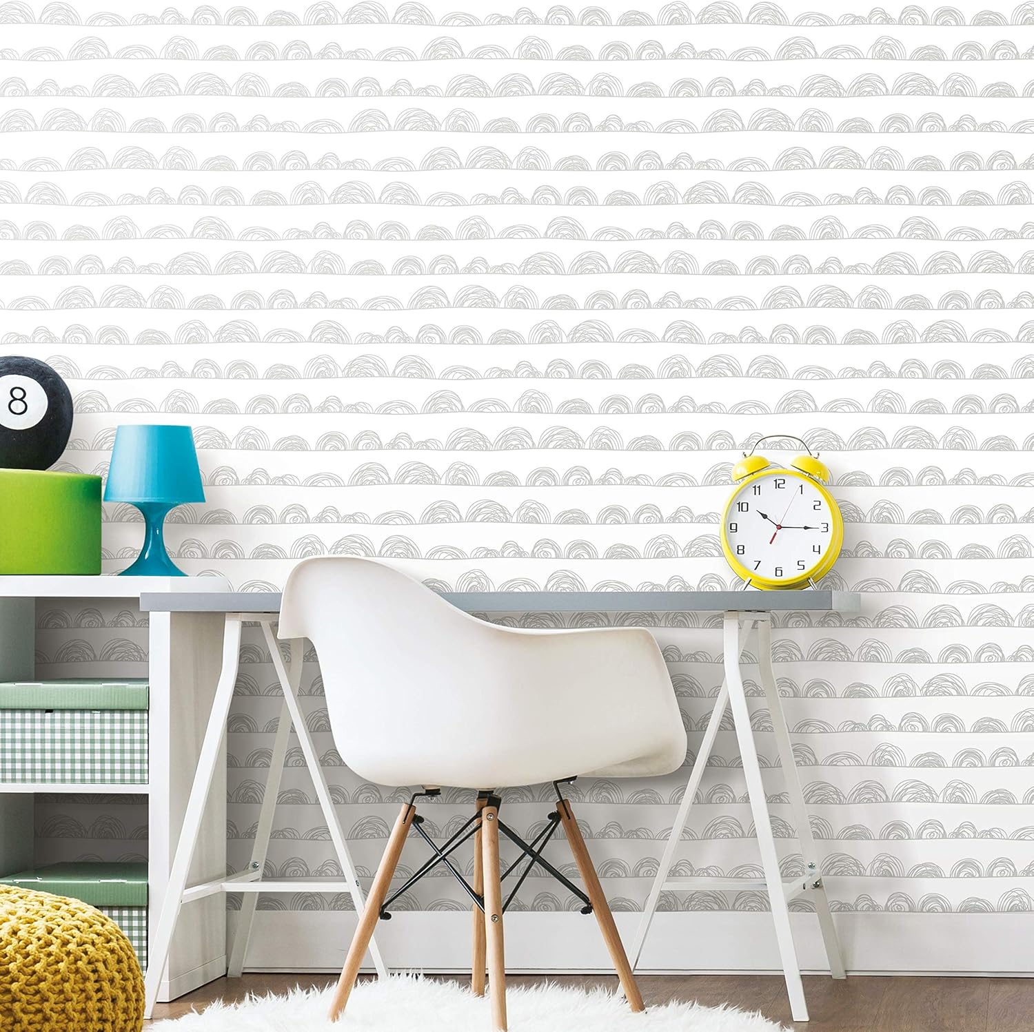 Gray and White Doodle Scallop Peel and Stick Wallpaper Roll