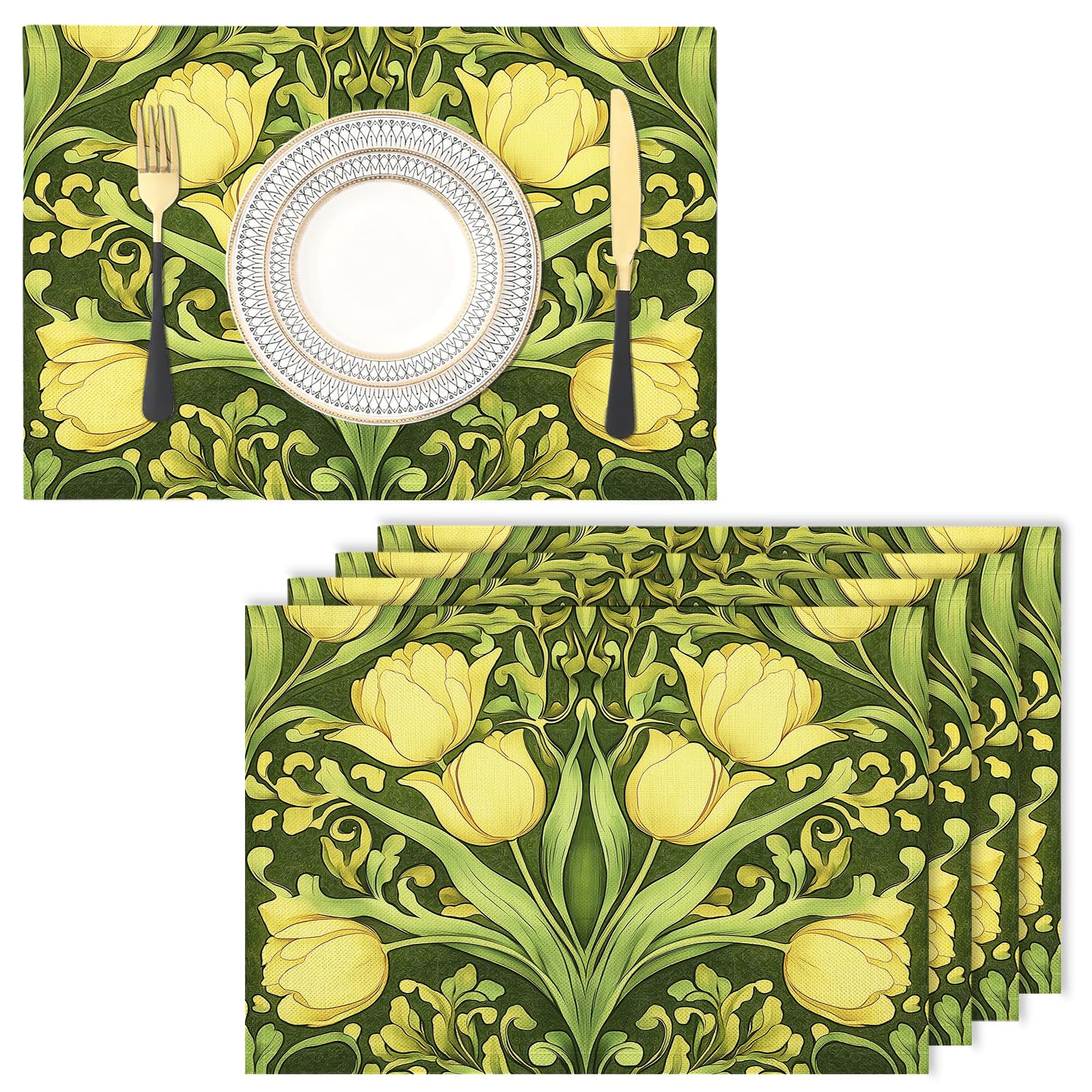 Placemats Washable Set of 8-30 x 45 cm tulip Placemats, green Cotton Linen Hemstitch Place Mats for Table, Kitchen, Dining
