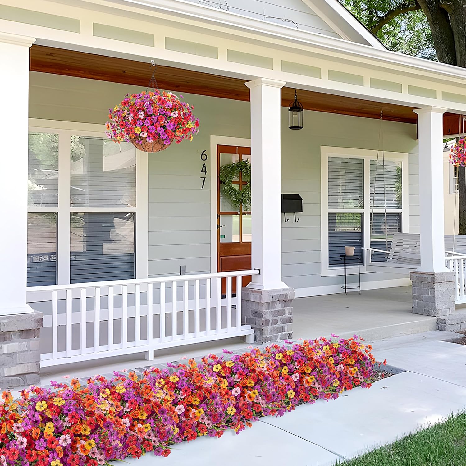 Artificial Fake Hanging Flowers with Basket for Spring Outdoor Decoration, Faux Silk Daisy Flower Plastic Plants UV Resistant for Garden Yard Porch Patio Balcony Home Decor (Mixed Color)