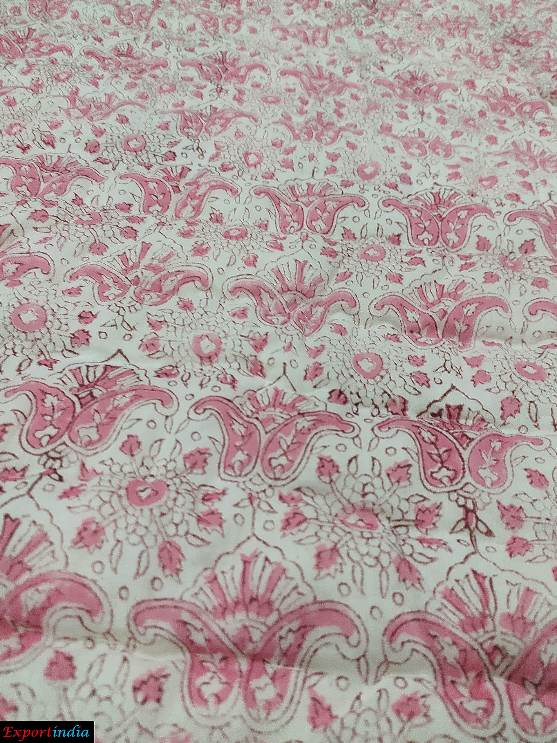 Exportindia Indian Quilt - 100%Cotton Filling - Twin Size 60x90 Inch - Pink - Traditional Paisley Pattern - Lightweight - Warm - Jaipuri Quilt