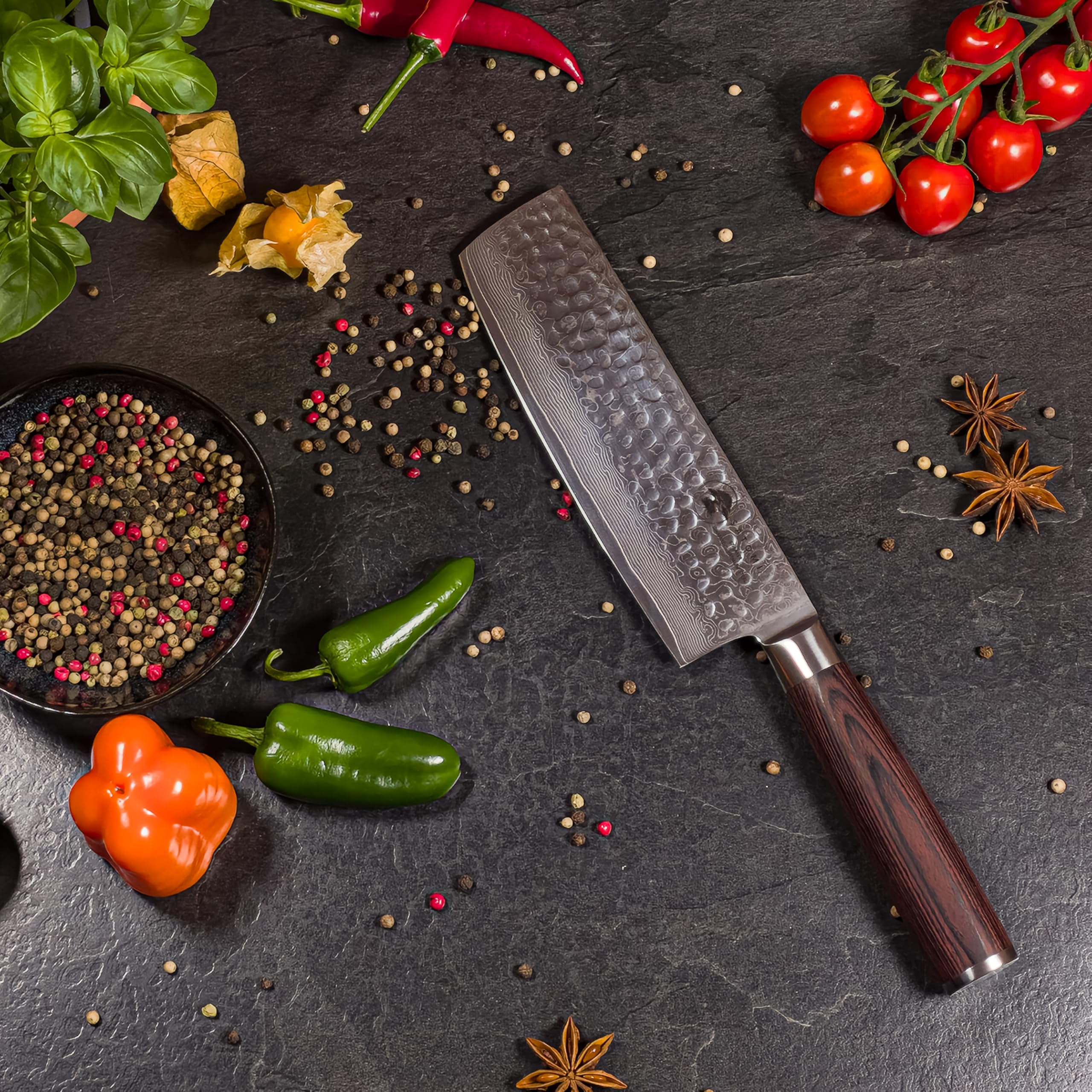 SATOMI® Nakiri Messer mit 18 cm Klinge gefertigt aus 67 Lagen Damaststahl traditionell Japanischer Stil mit Hammerschlag Damastmesser Küchenmesser Profi Kochmesser mit edlem Pakkaholz Griff