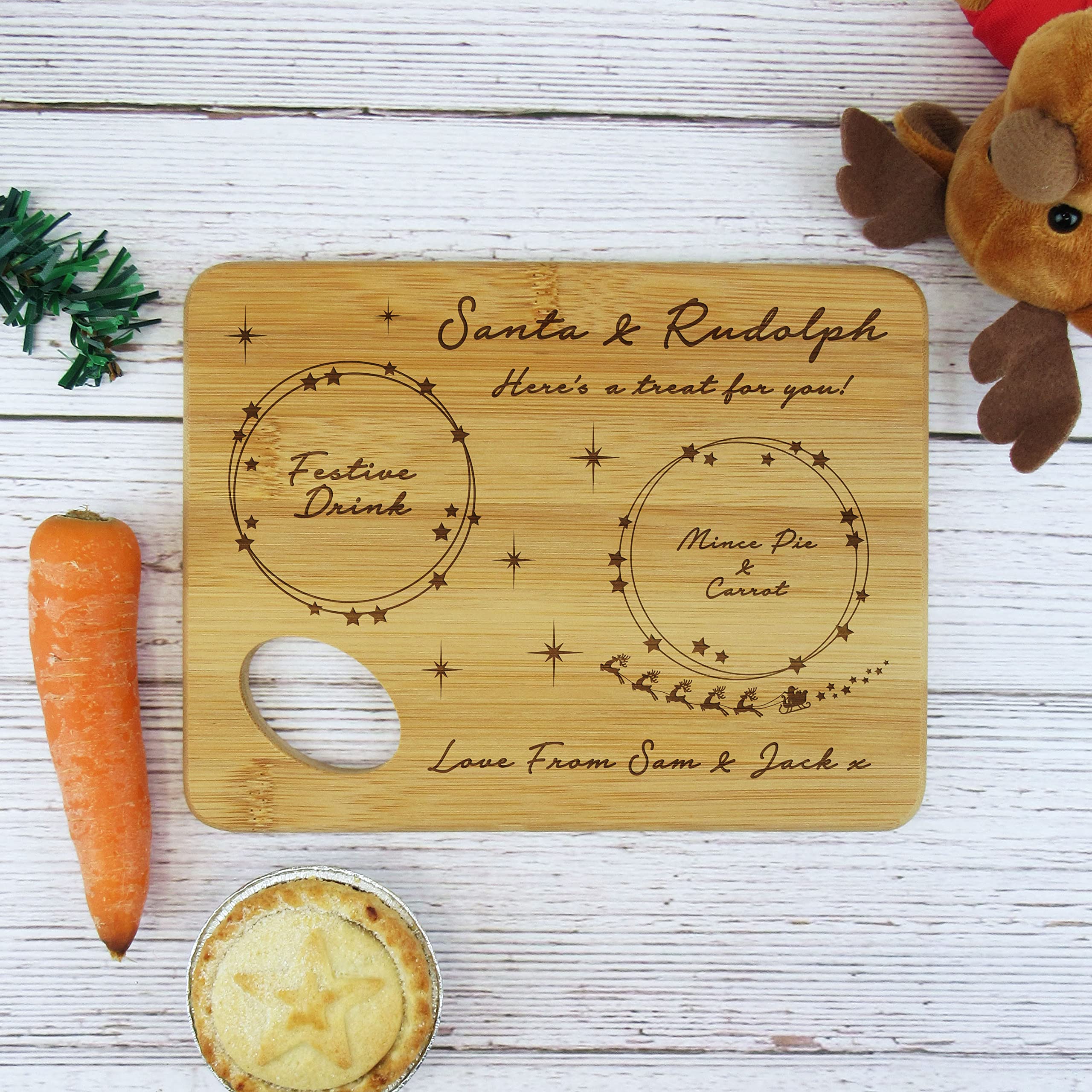 eBuyGB Personalised Christmas Eve Plate, Santa & Rudolph Here's A Treat for You, Small Xmas Board, Mince Pie and Festive Drink for Father Christmas, Carrot for Rudolph (Design 2)