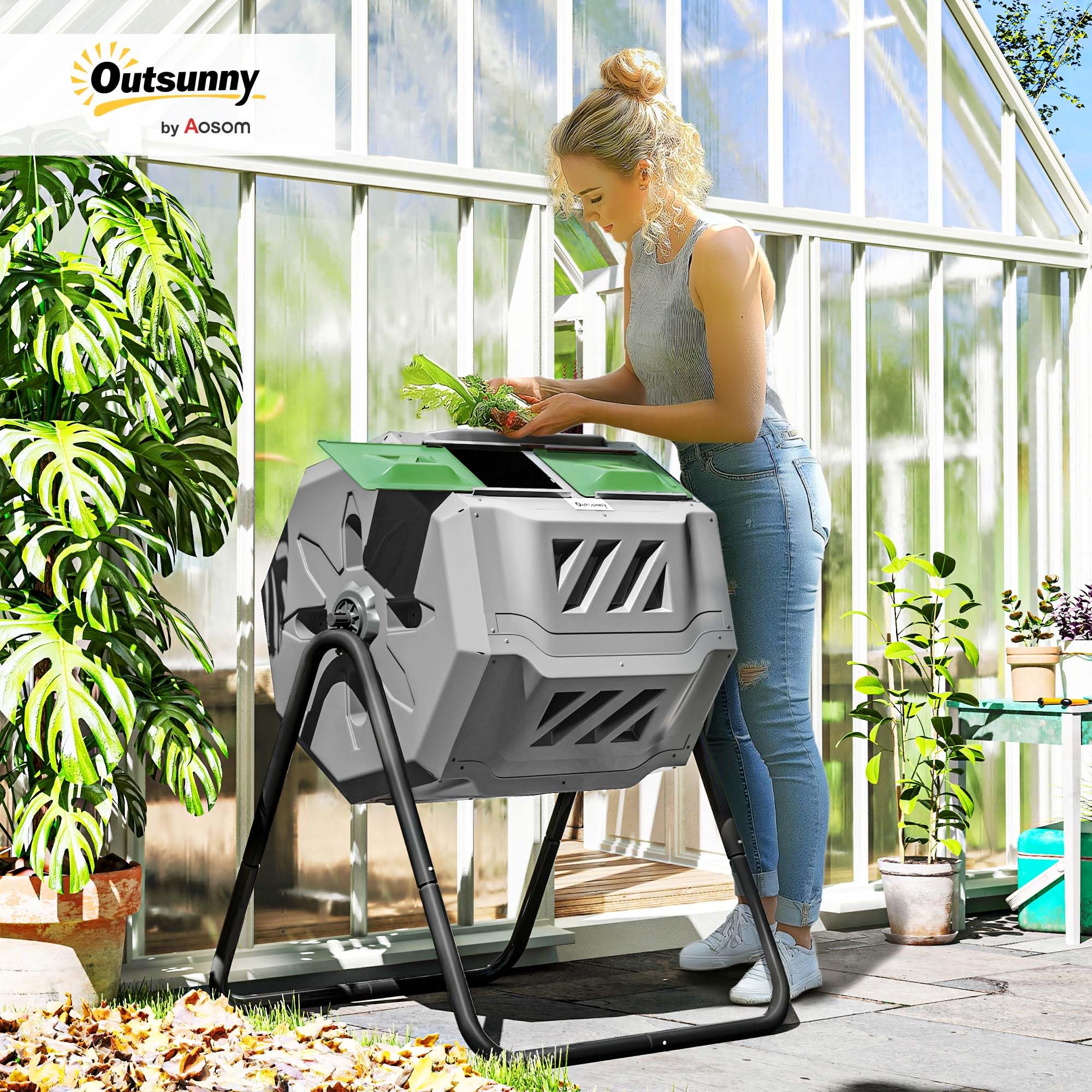 Outsunny Kompostownik ogrodowy - kompostownik na odpady, obrotowy 360°, podwójna komora 160 l, stal PP szara