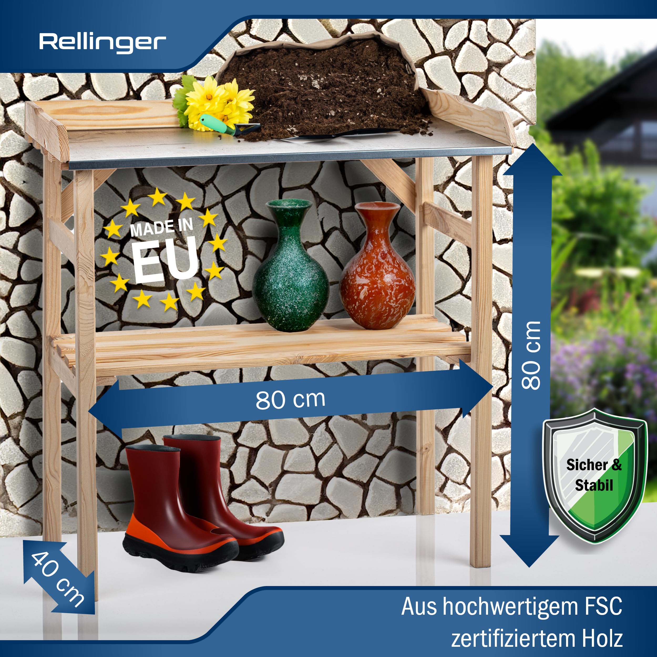 Mesa para Plantas de Exterior Resistente a la Intemperie - Duradera y Robusta Con Encimera Galvanizada - Mesa de Madera para Plantas